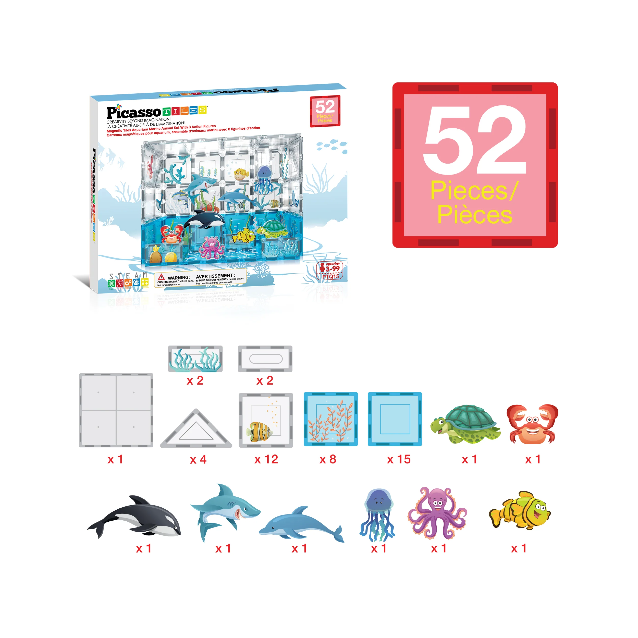 PicassoTiles  Magnetic Tiles Aquarium Marine World Set with Ocean Animal Characters (52 Pieces) - Image 3