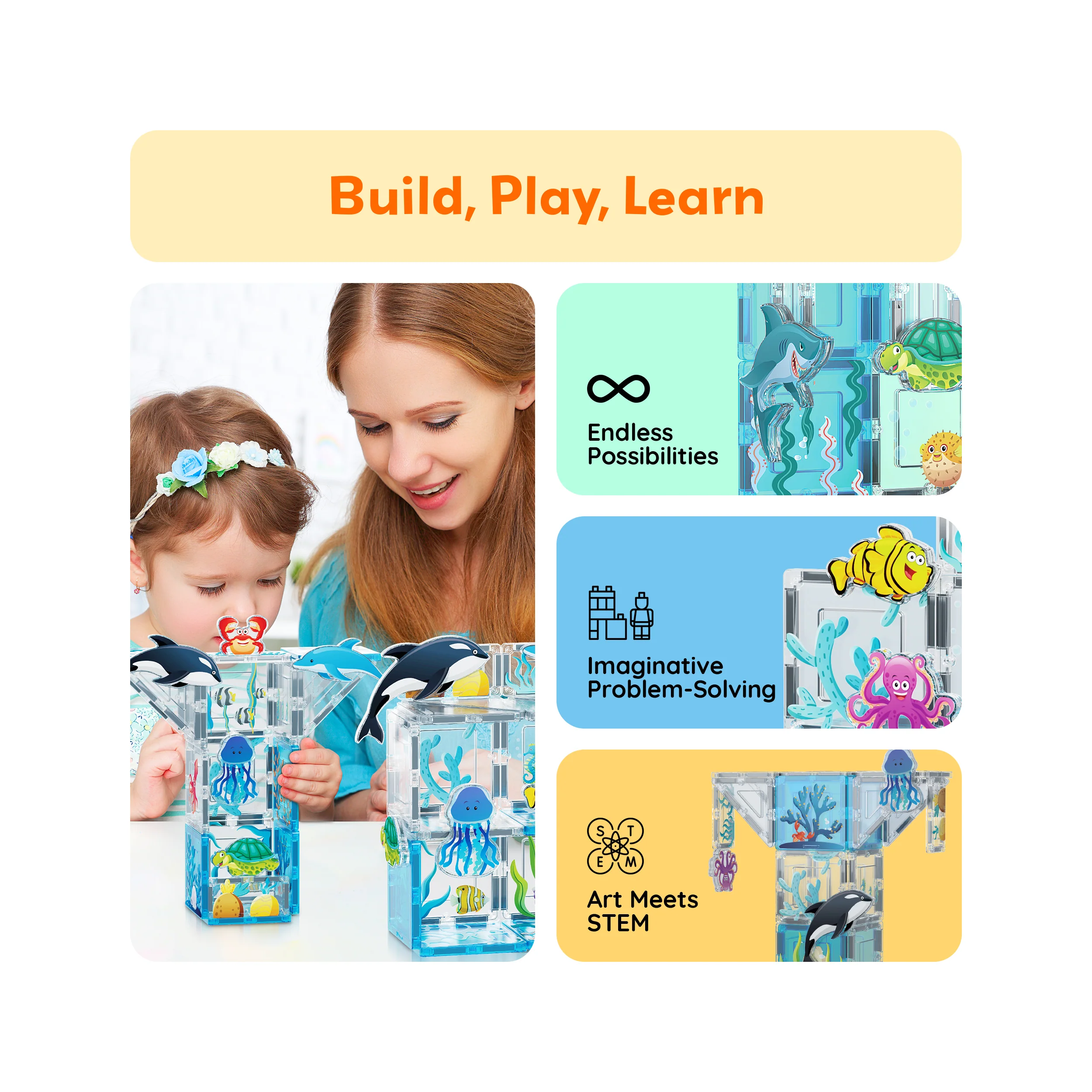 PicassoTiles  Magnetic Tiles Aquarium Marine World Set with Ocean Animal Characters (52 Pieces) - Image 4