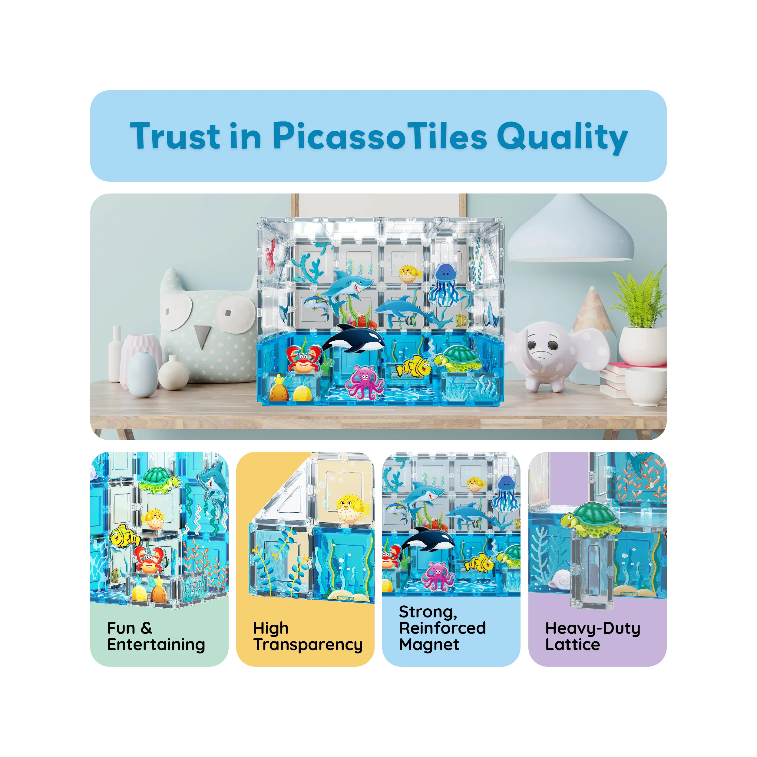 PicassoTiles  Magnetic Tiles Aquarium Marine World Set with Ocean Animal Characters (52 Pieces) - Image 8