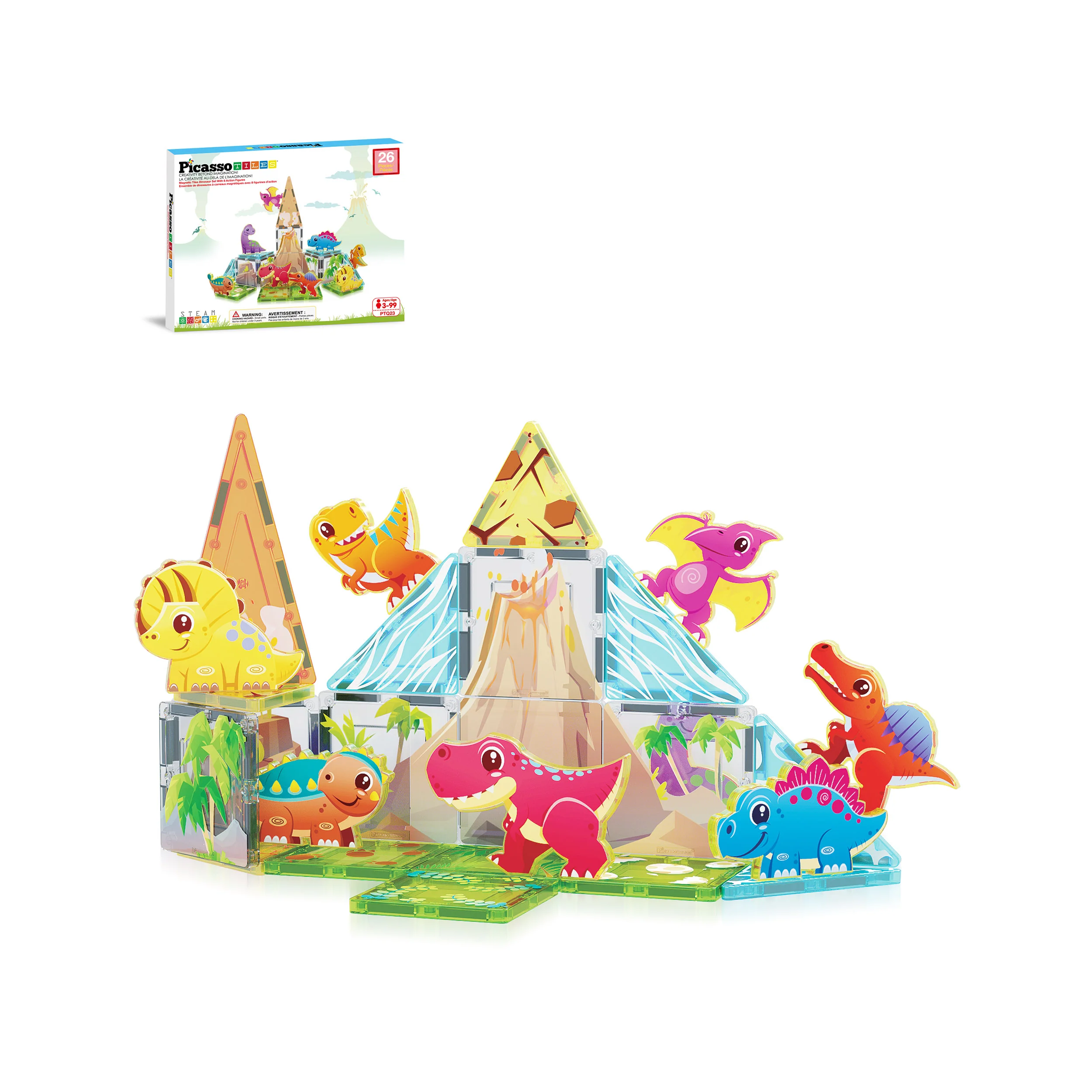 PicassoTiles Magnet Tiles 26pcs Building Blocks Dinosaur World Themed Playset