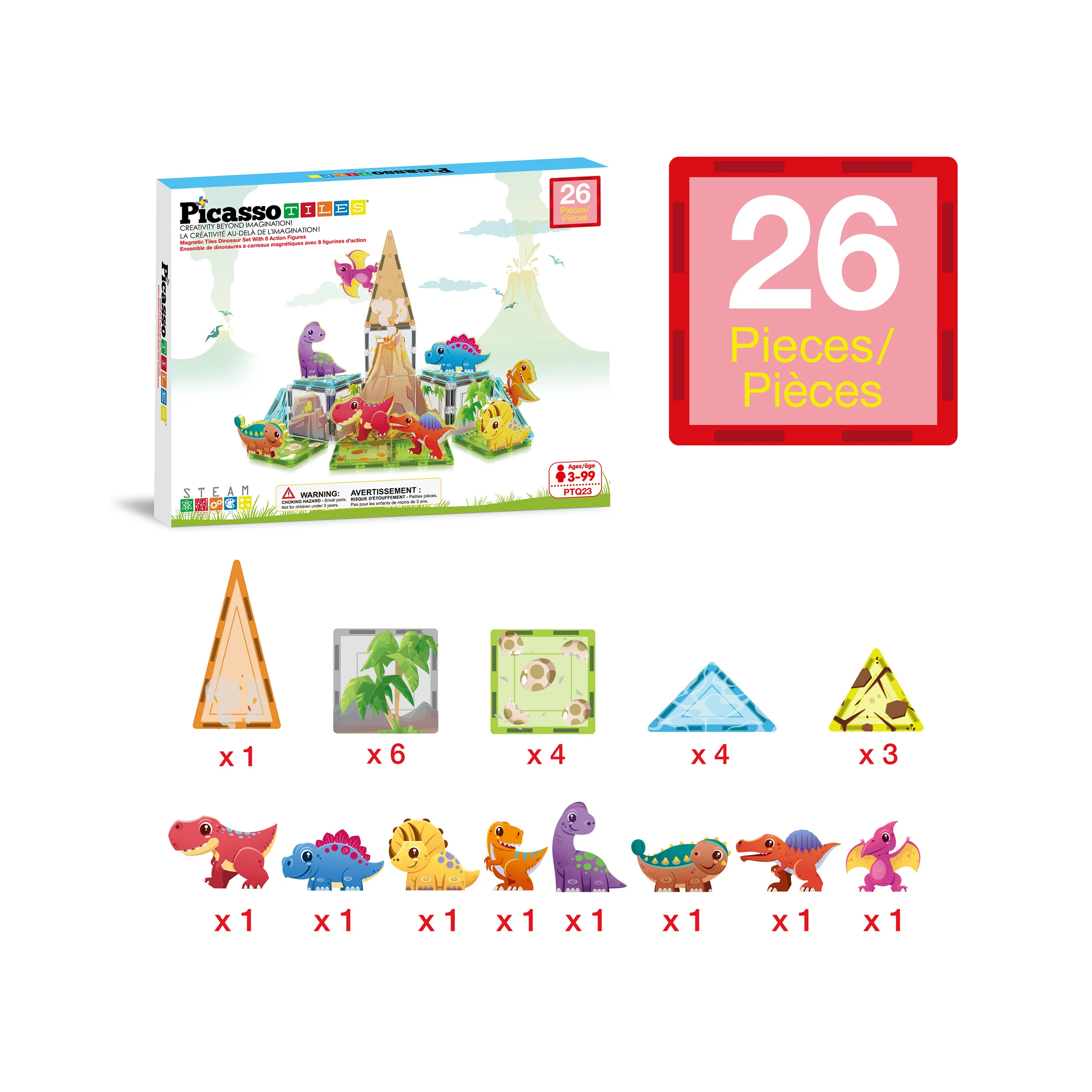 PicassoTiles Magnet Tiles 26pcs Building Blocks Dinosaur World Themed Playset - Image 3