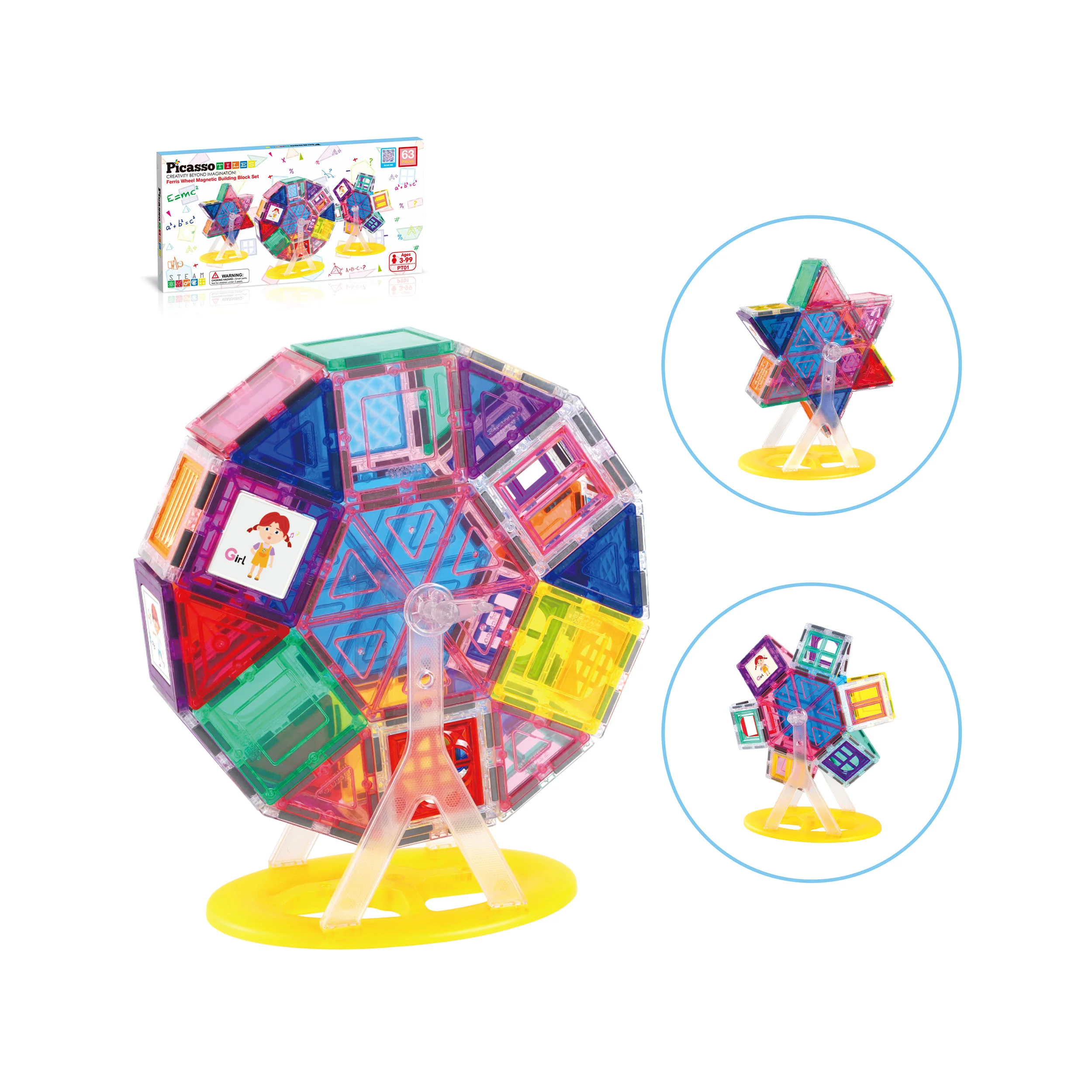 PicassoTiles Magnetic Tile Ferris Wheel Building Playset (63 Pieces)