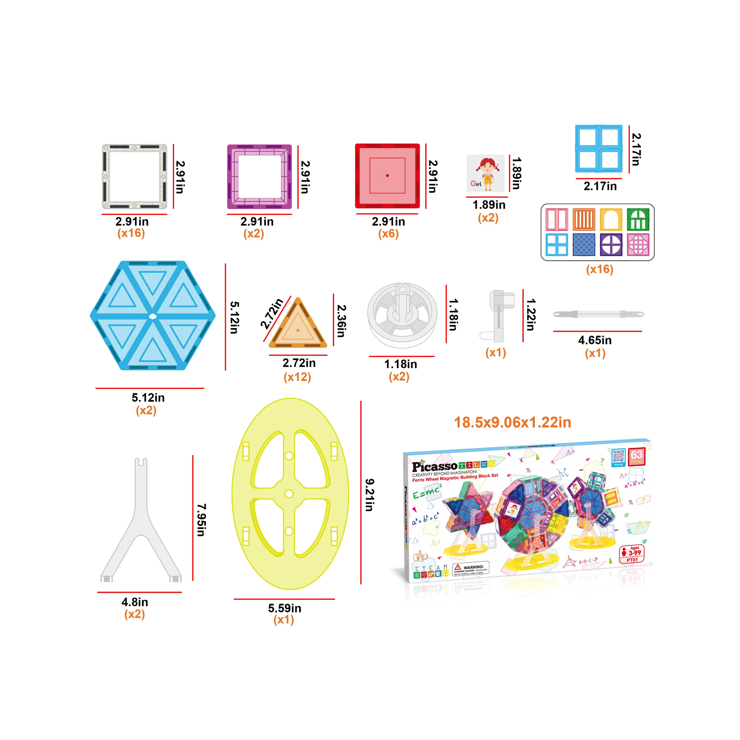 PicassoTiles Magnetic Tile Ferris Wheel Building Playset (63 Pieces) - Image 3