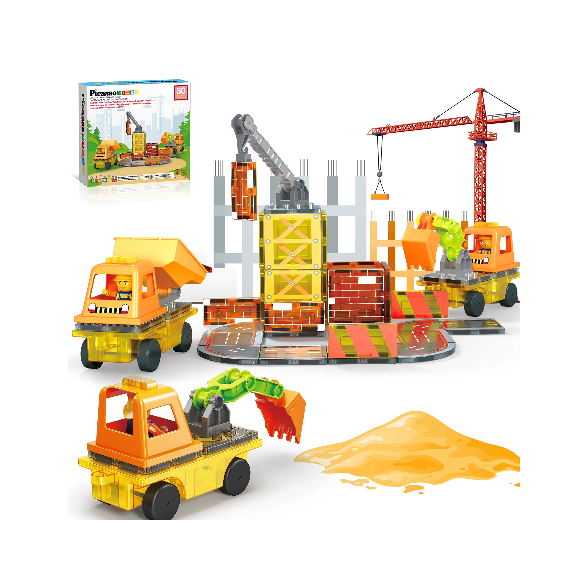 PicassoTiles Magnetic Tiles 5-in-1 Construction Vehicle Builder Set