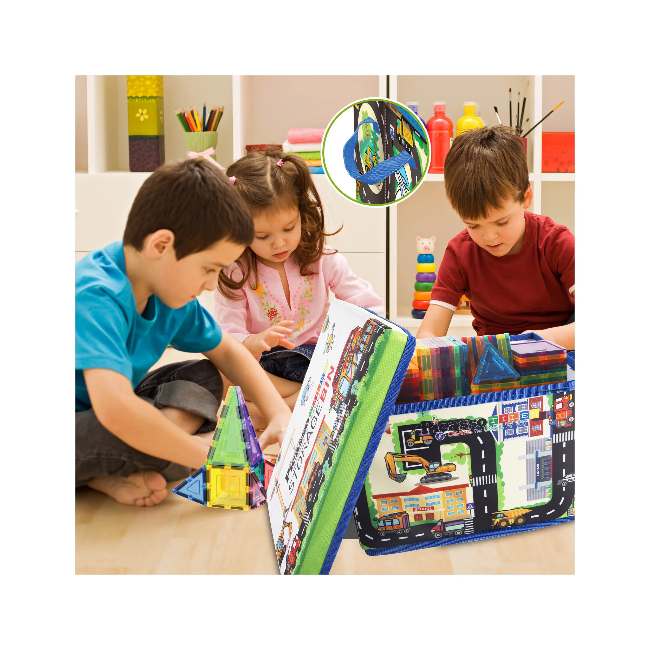 PicassoTiles Magnet Tile Toy Organizer: City Theme Storage Bin with Lid & Handles - Image 2