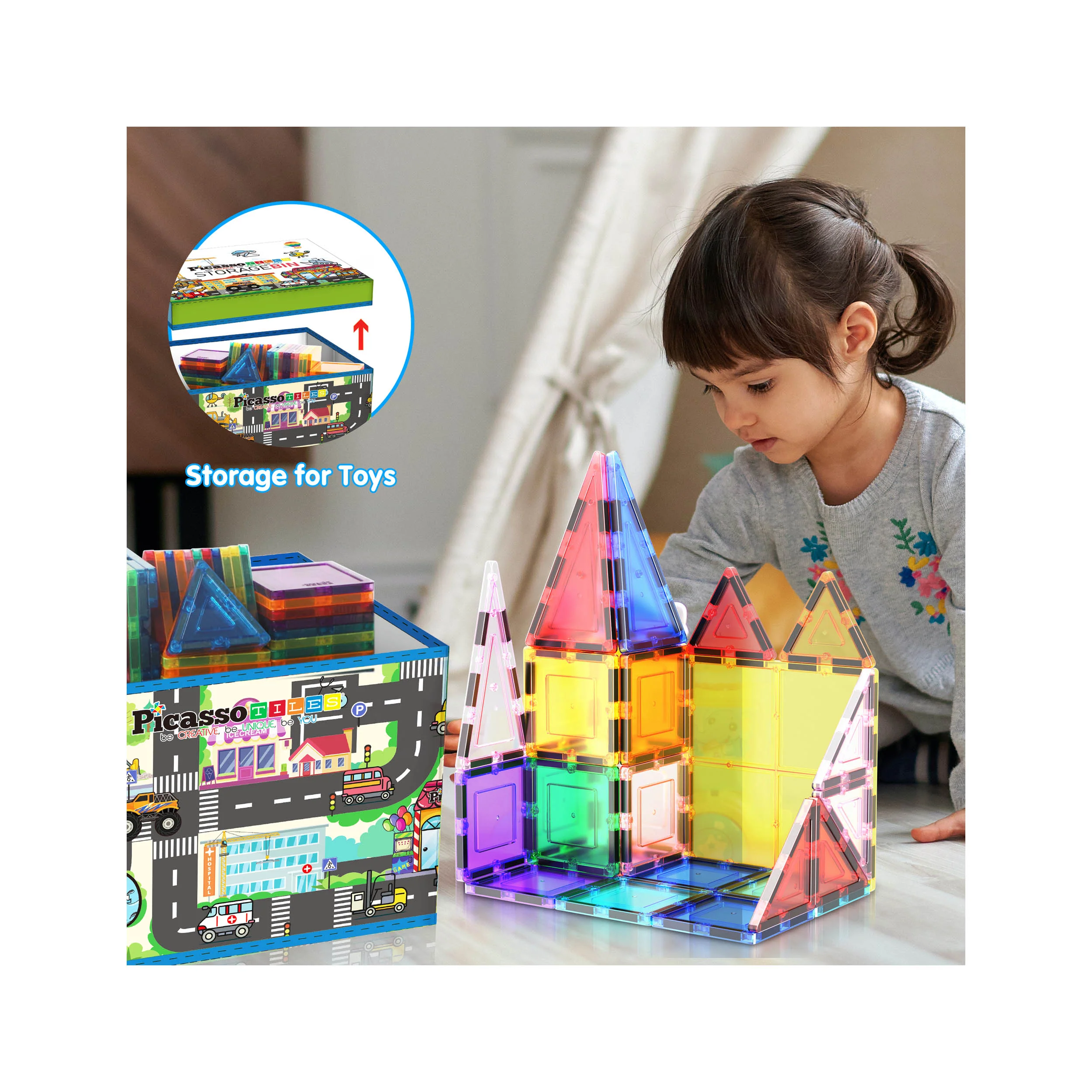 PicassoTiles Magnet Tile Toy Organizer: City Theme Storage Bin with Lid & Handles - Image 3