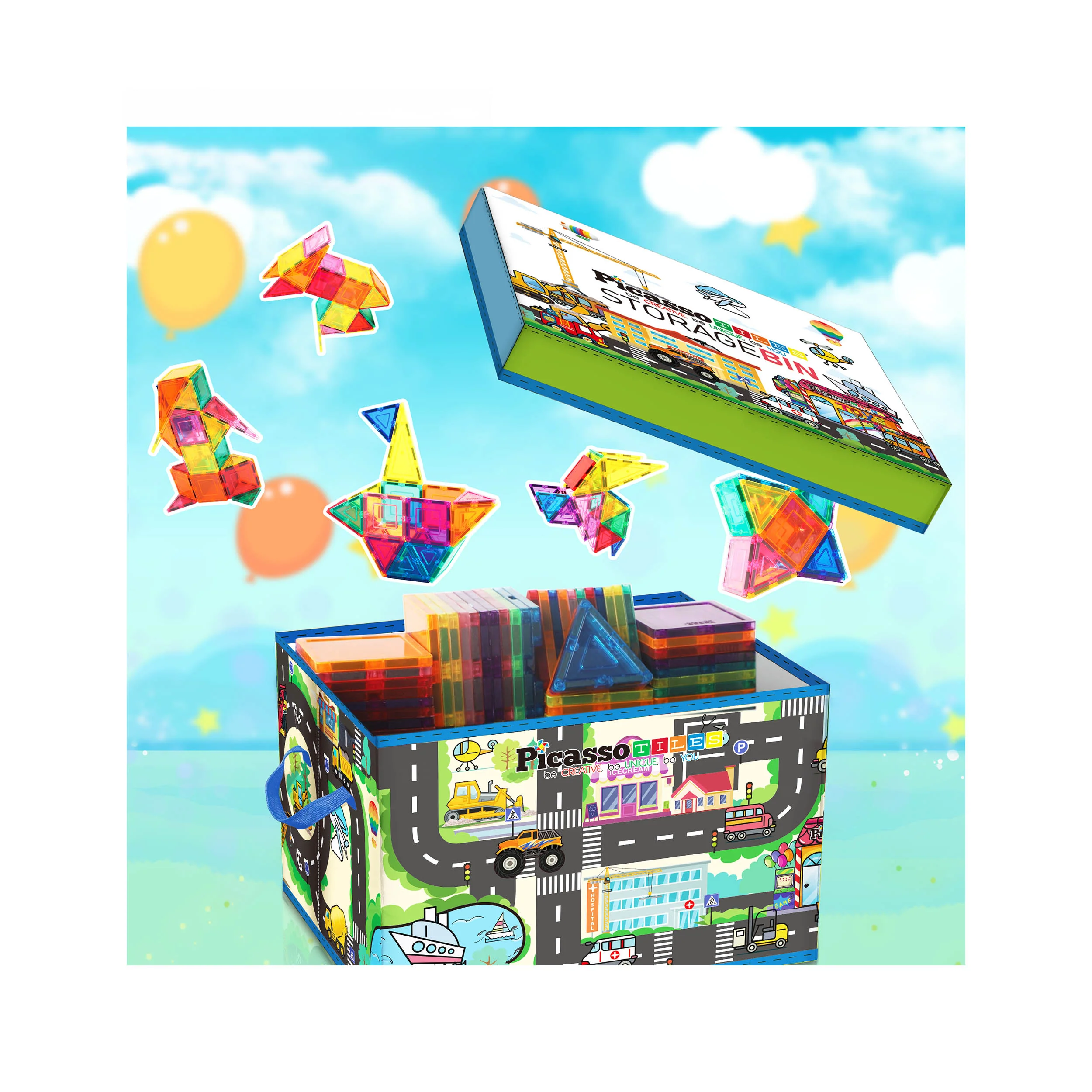 PicassoTiles Magnet Tile Toy Organizer: City Theme Storage Bin with Lid & Handles - Image 6