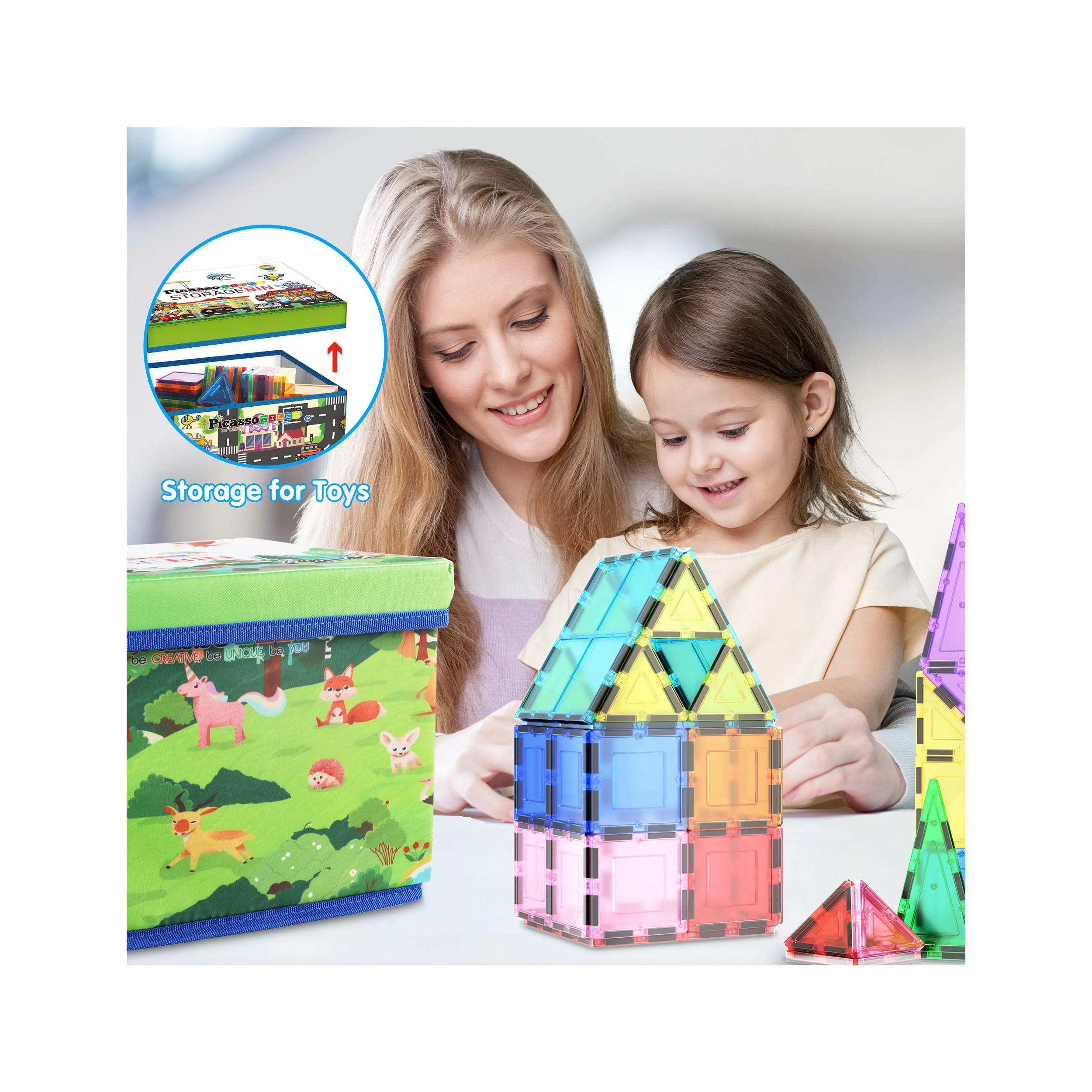PicassoTiles Magnet Tile Toy Organizer: Forest Theme Storage Bin with Lid & Handles - Image 2