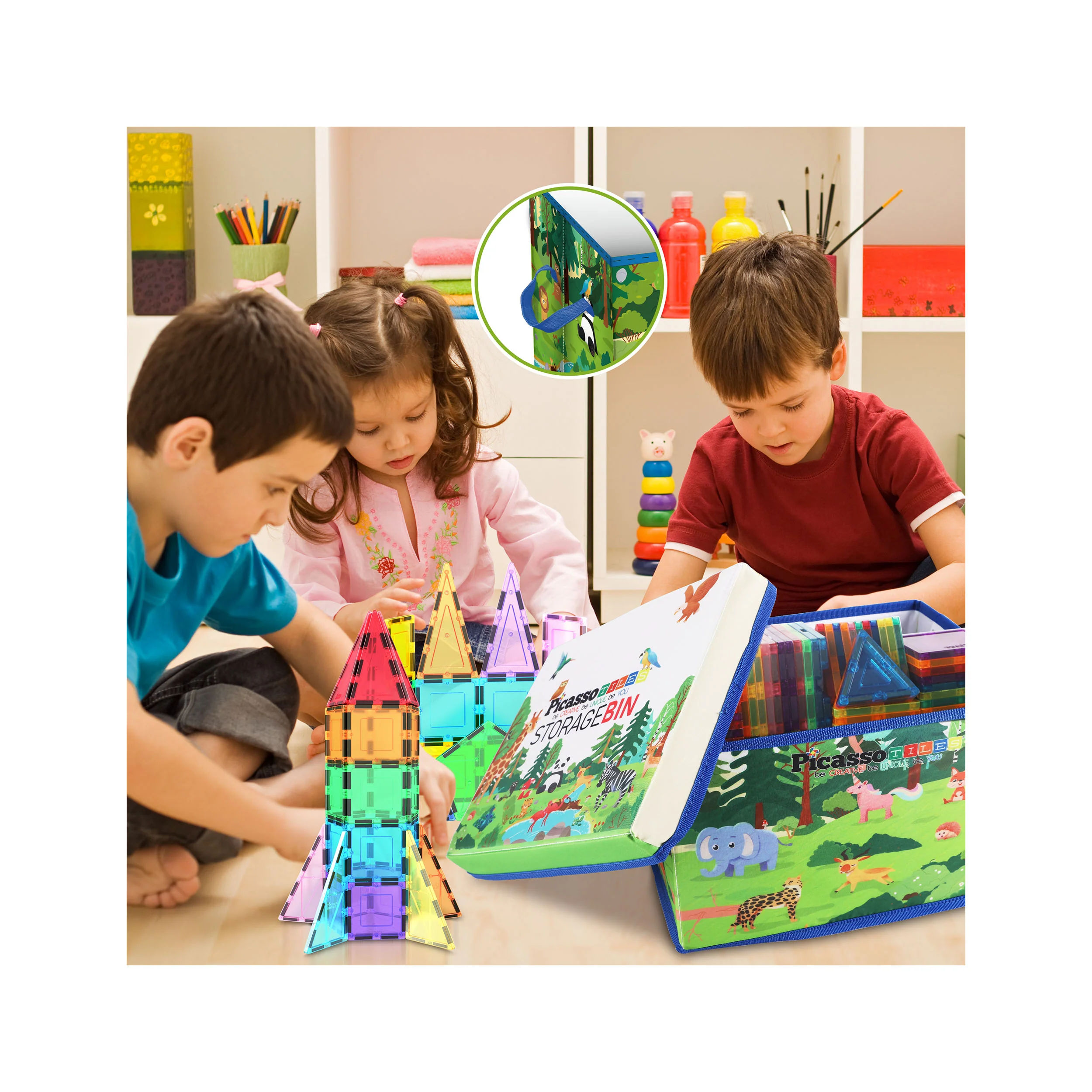 PicassoTiles Magnet Tile Toy Organizer: Forest Theme Storage Bin with Lid & Handles - Image 5