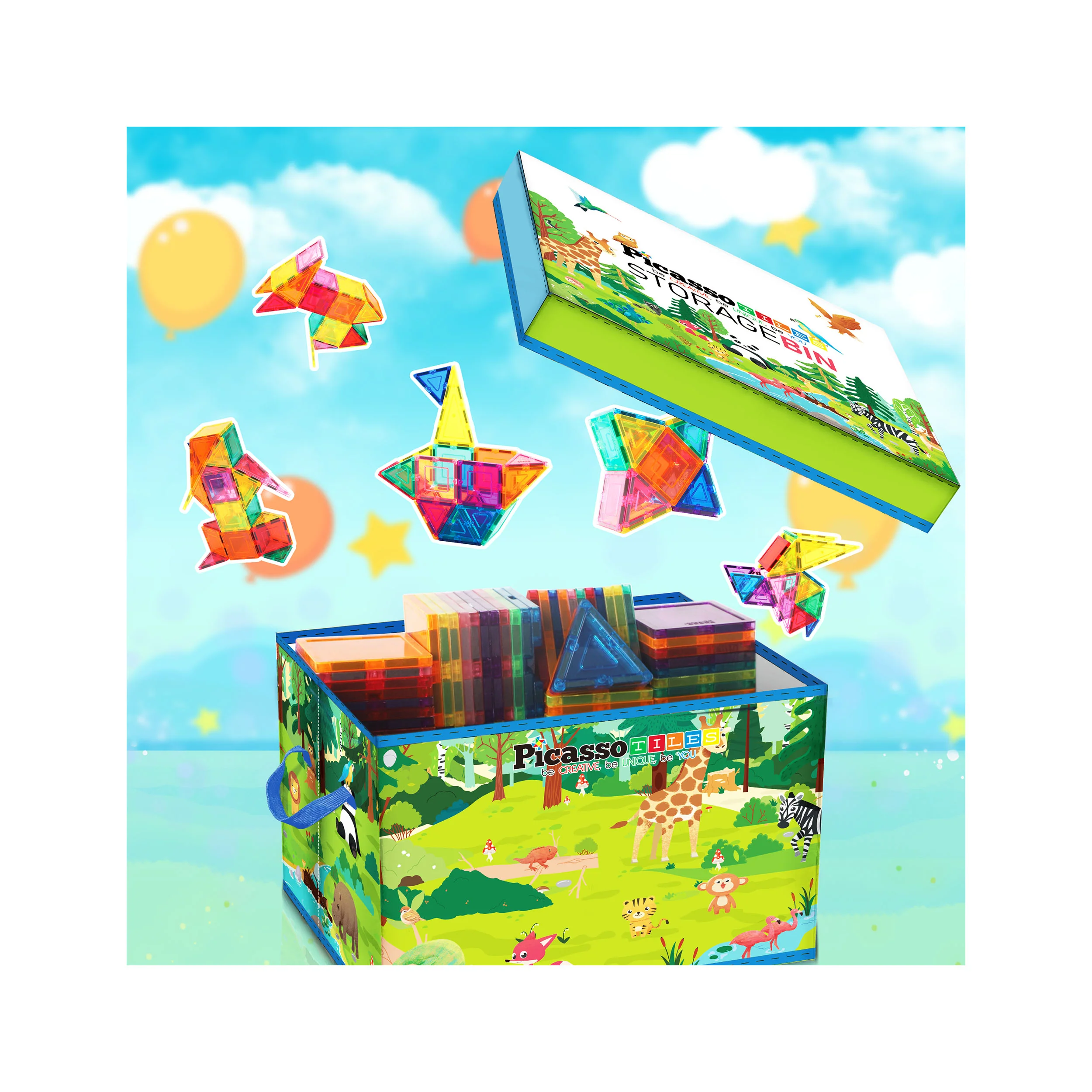 PicassoTiles Magnet Tile Toy Organizer: Forest Theme Storage Bin with Lid & Handles - Image 6