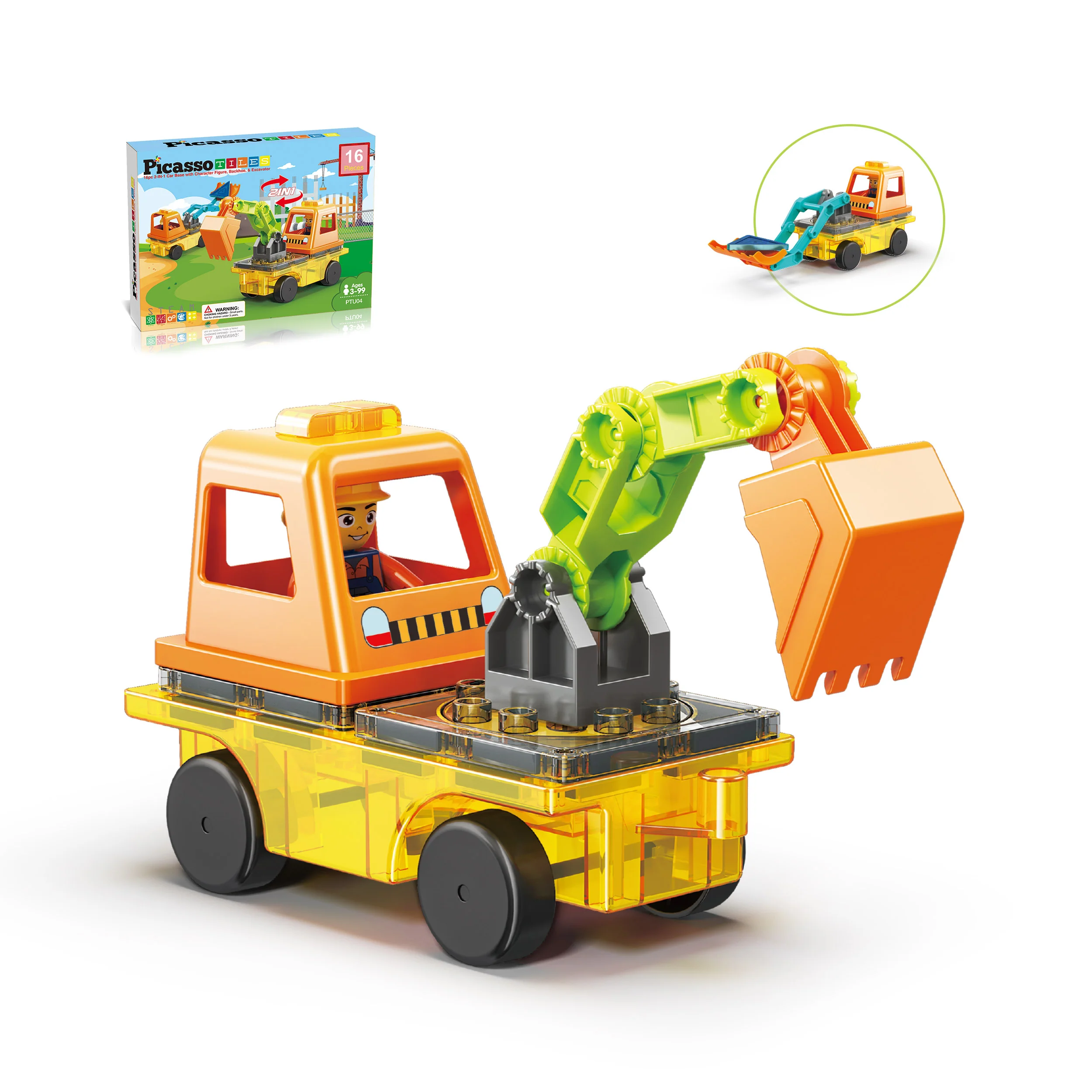 PicassoTiles Magnetic Tile Excavator & Backhoe Play Set