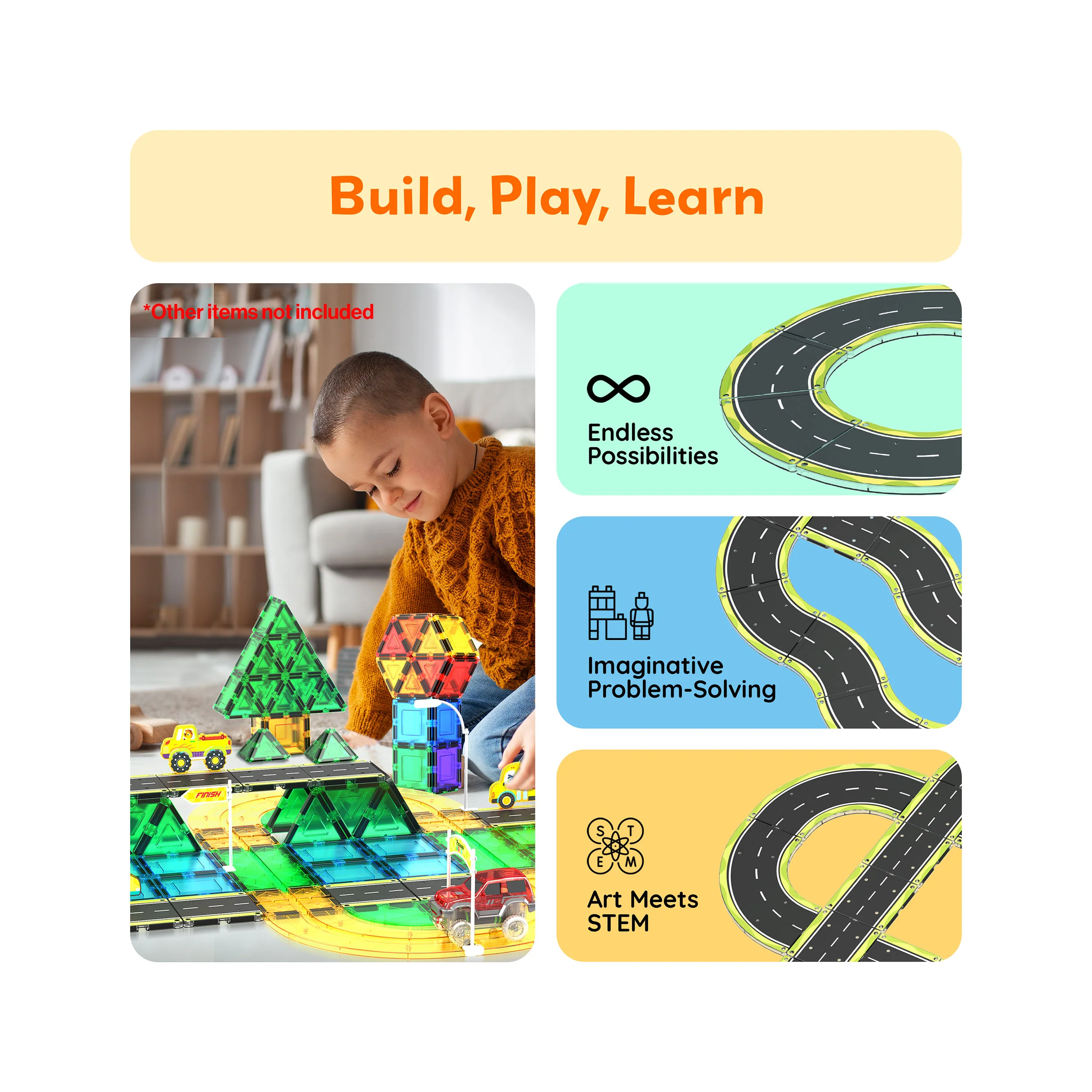 PicassoTiles Magnetic Tile Race Car Track Speed Way Building Set - Image 4