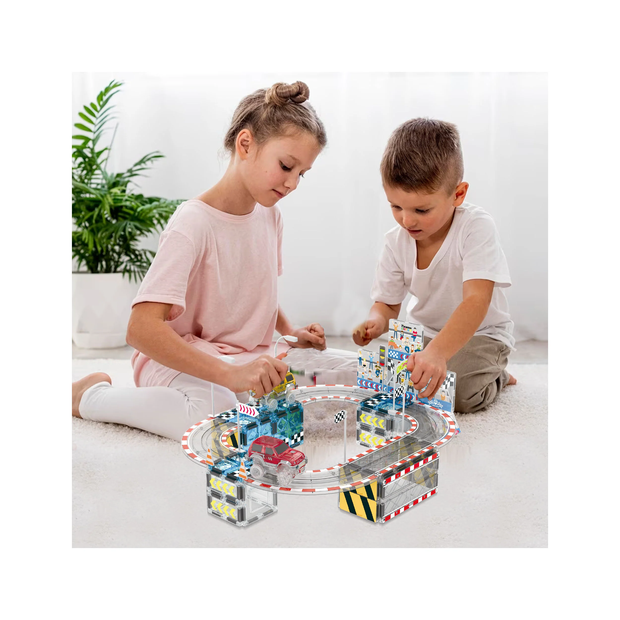 PicassoTiles Magnetic Racetrack Stadium Construction with trucks and accessories - Image 2