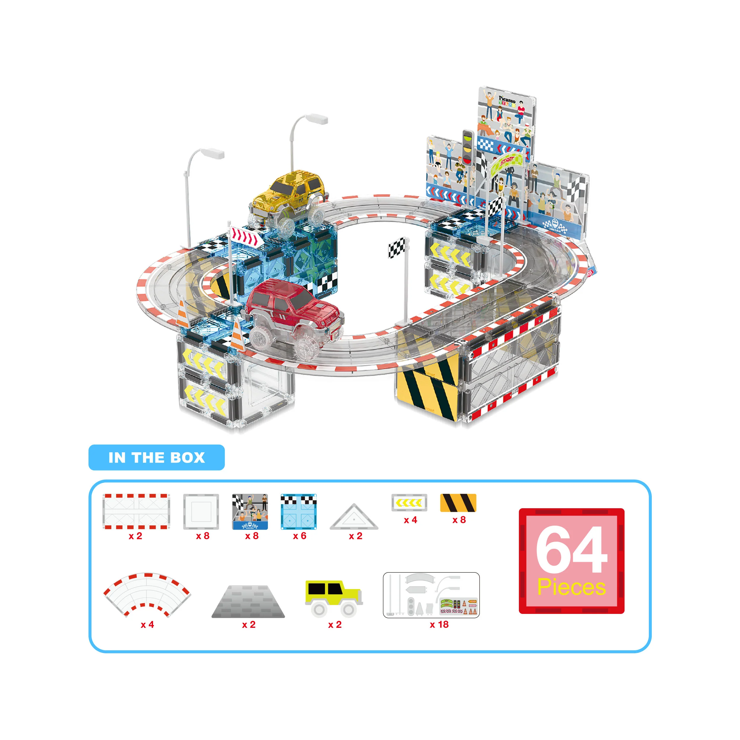 PicassoTiles Magnetic Racetrack Stadium Construction with trucks and accessories - Image 4