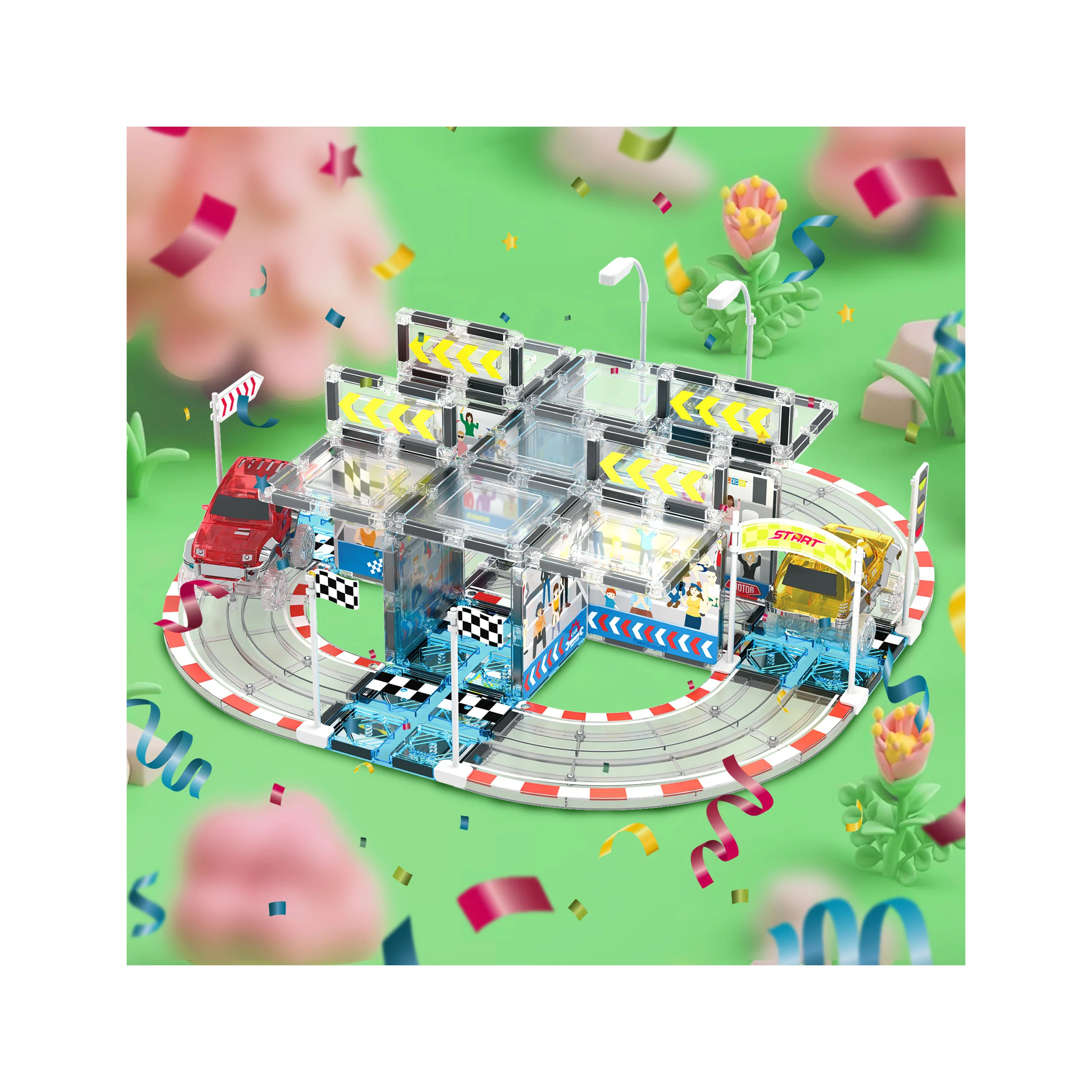 PicassoTiles Magnetic Racetrack Stadium Construction with trucks and accessories - Image 8