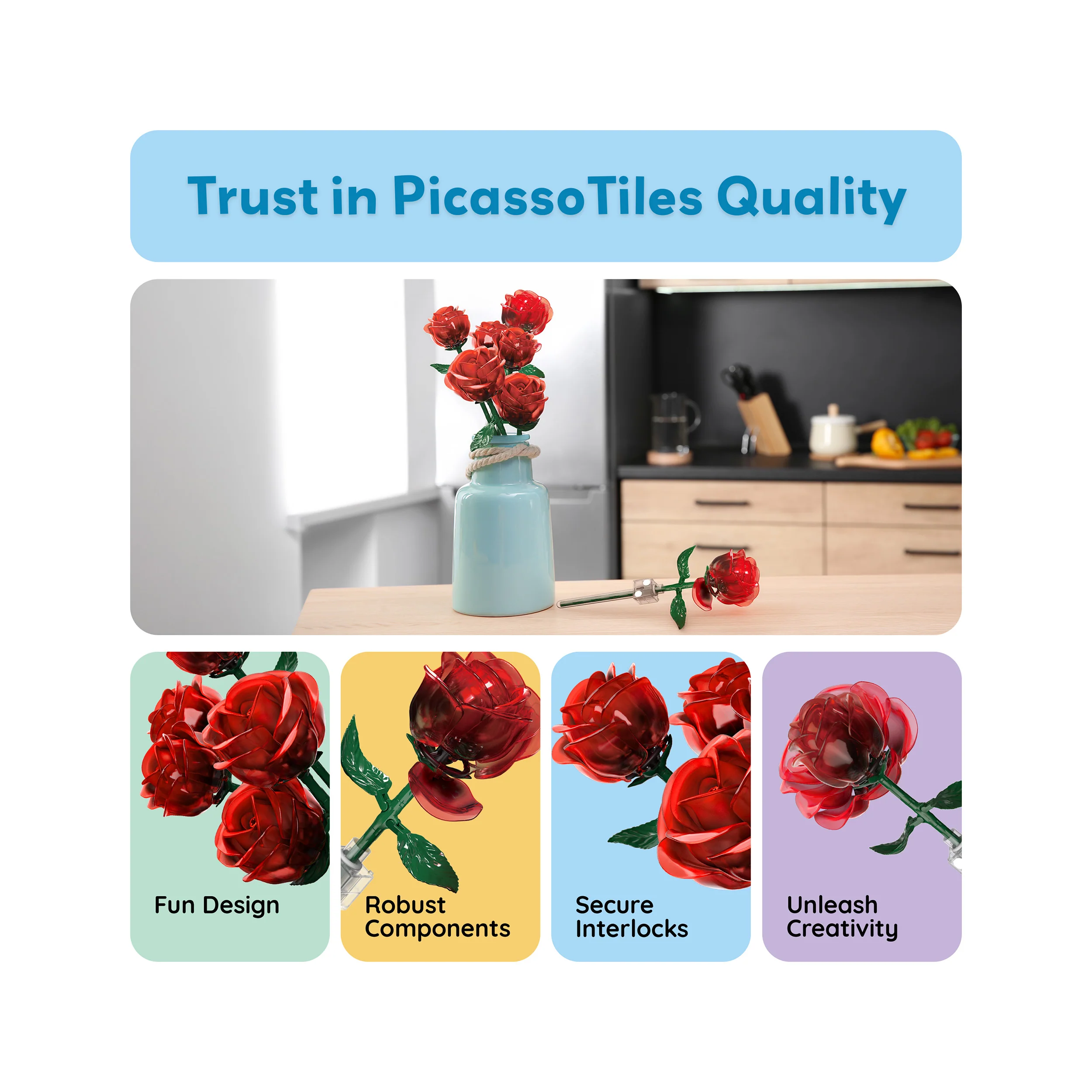 PicassoTiles Red Stem Roses Building Kit 90pc - Image 8
