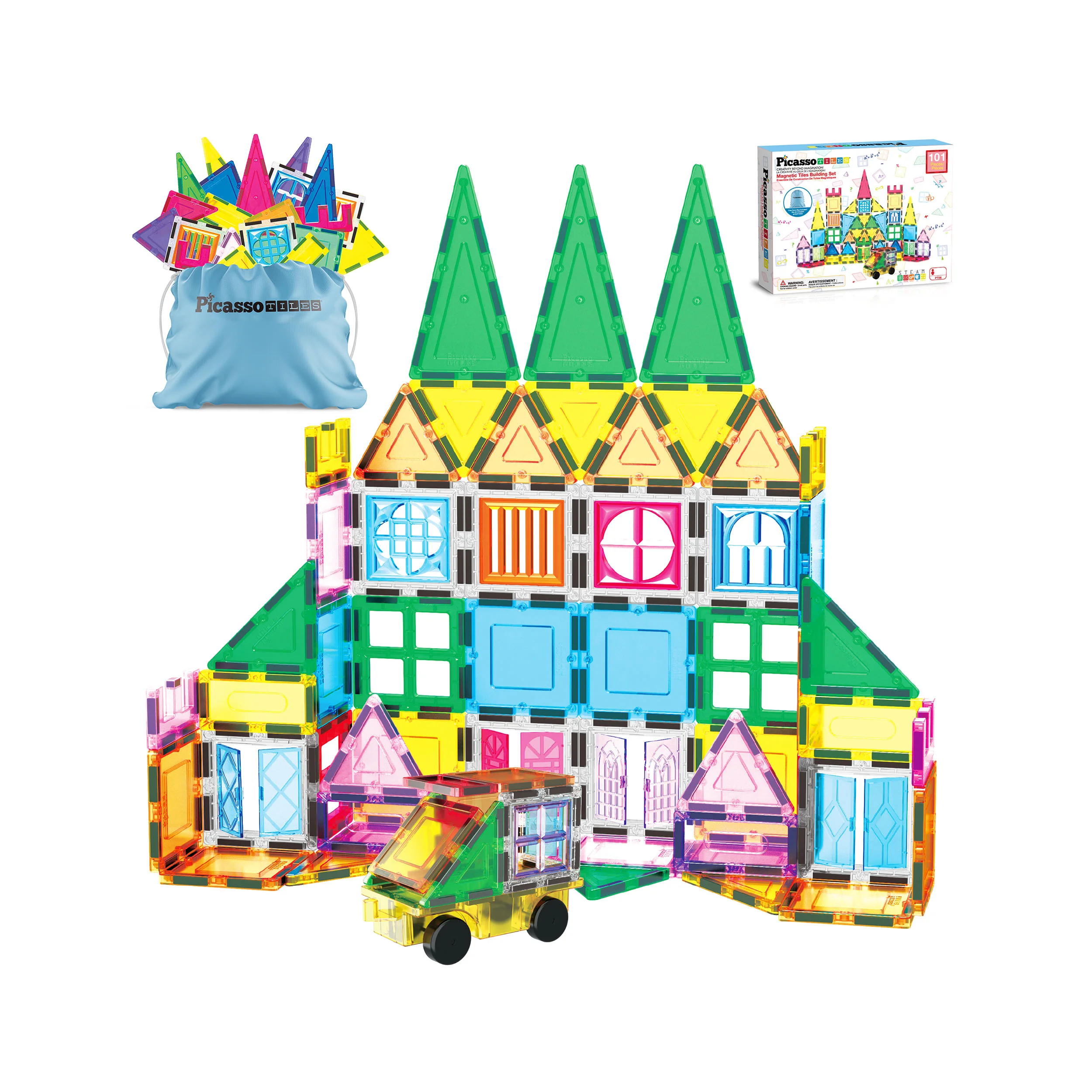 PicassoTiles Magnetic Tile Set with Doors, Windows & Carry Bag (101 Pieces)