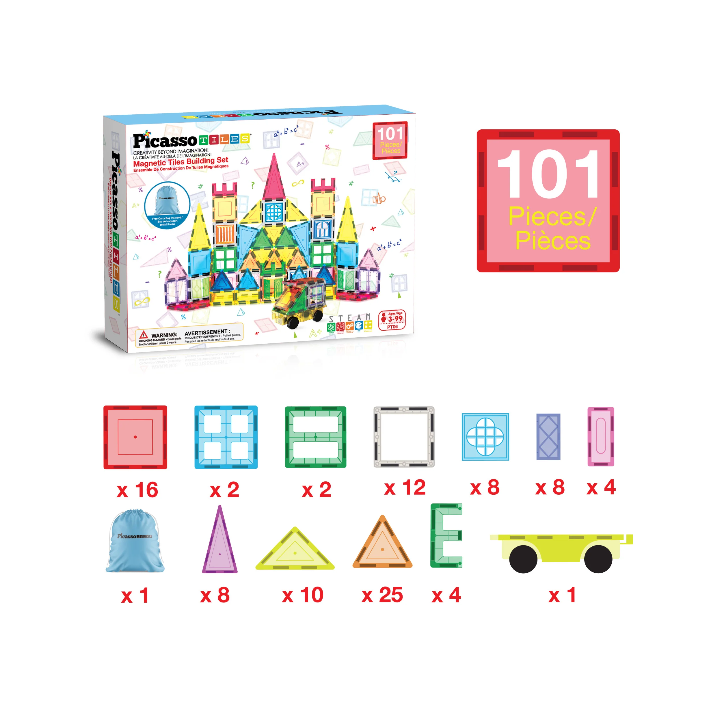 PicassoTiles Magnetic Tile Set with Doors, Windows & Carry Bag (101 Pieces) - Image 3