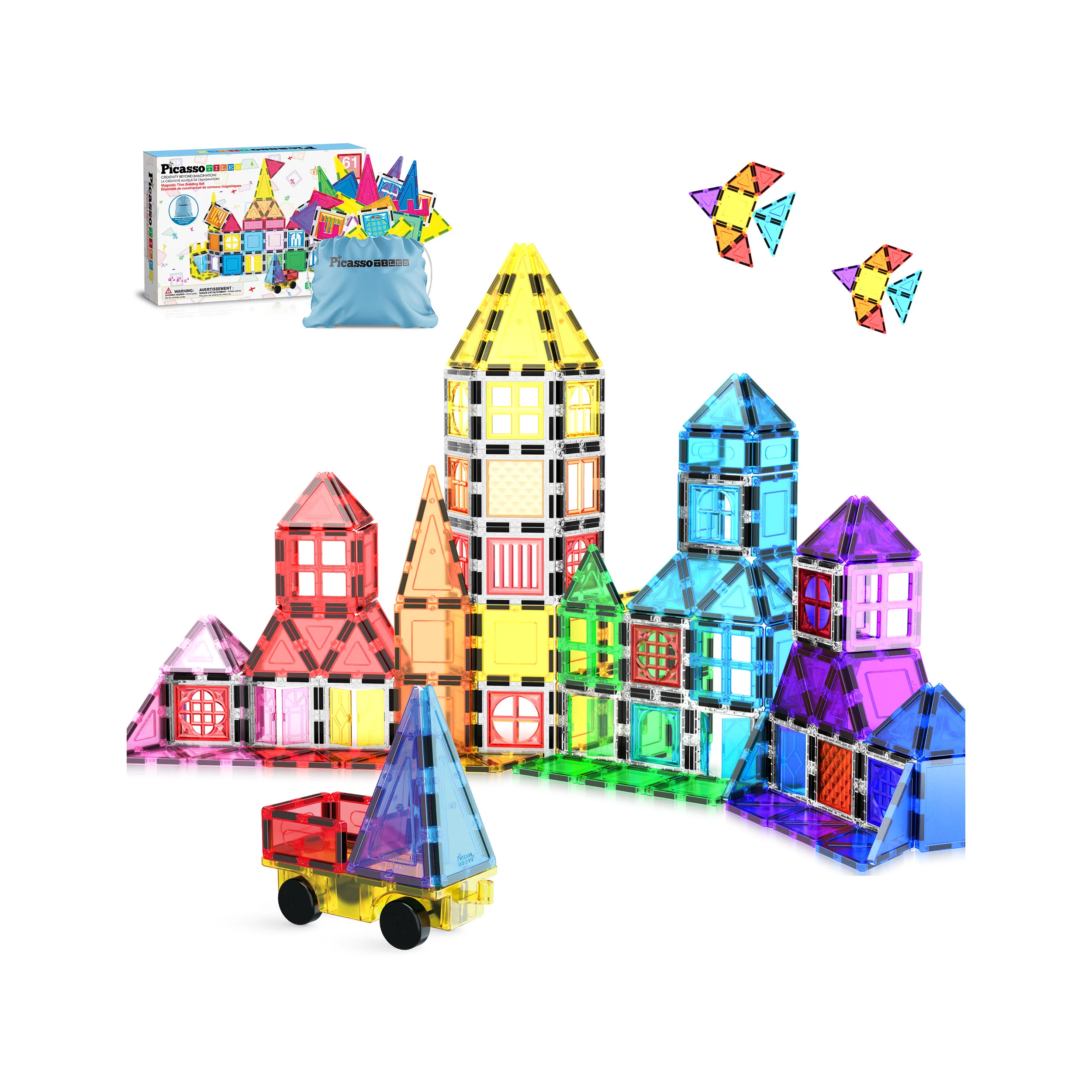 PicassoTiles Magnetic Tiles Set with Windows and Doors (61 Pieces)