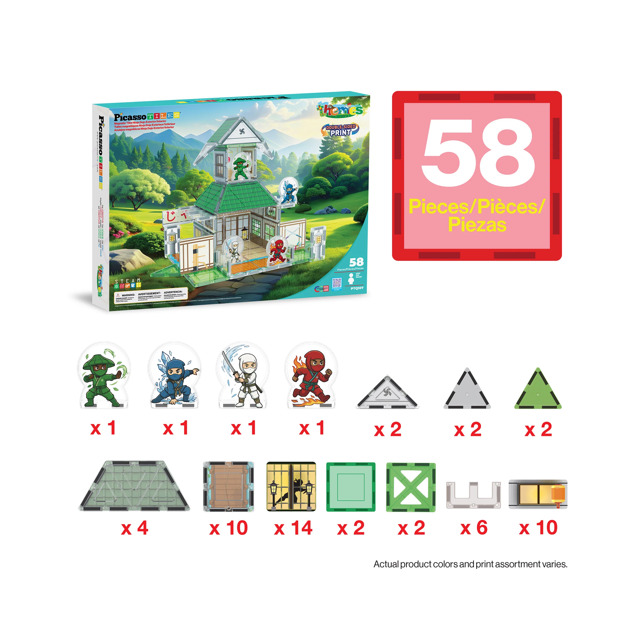 PicassoTiles Ninja Dojo Magnetic Tile Set 58pc - Image 3