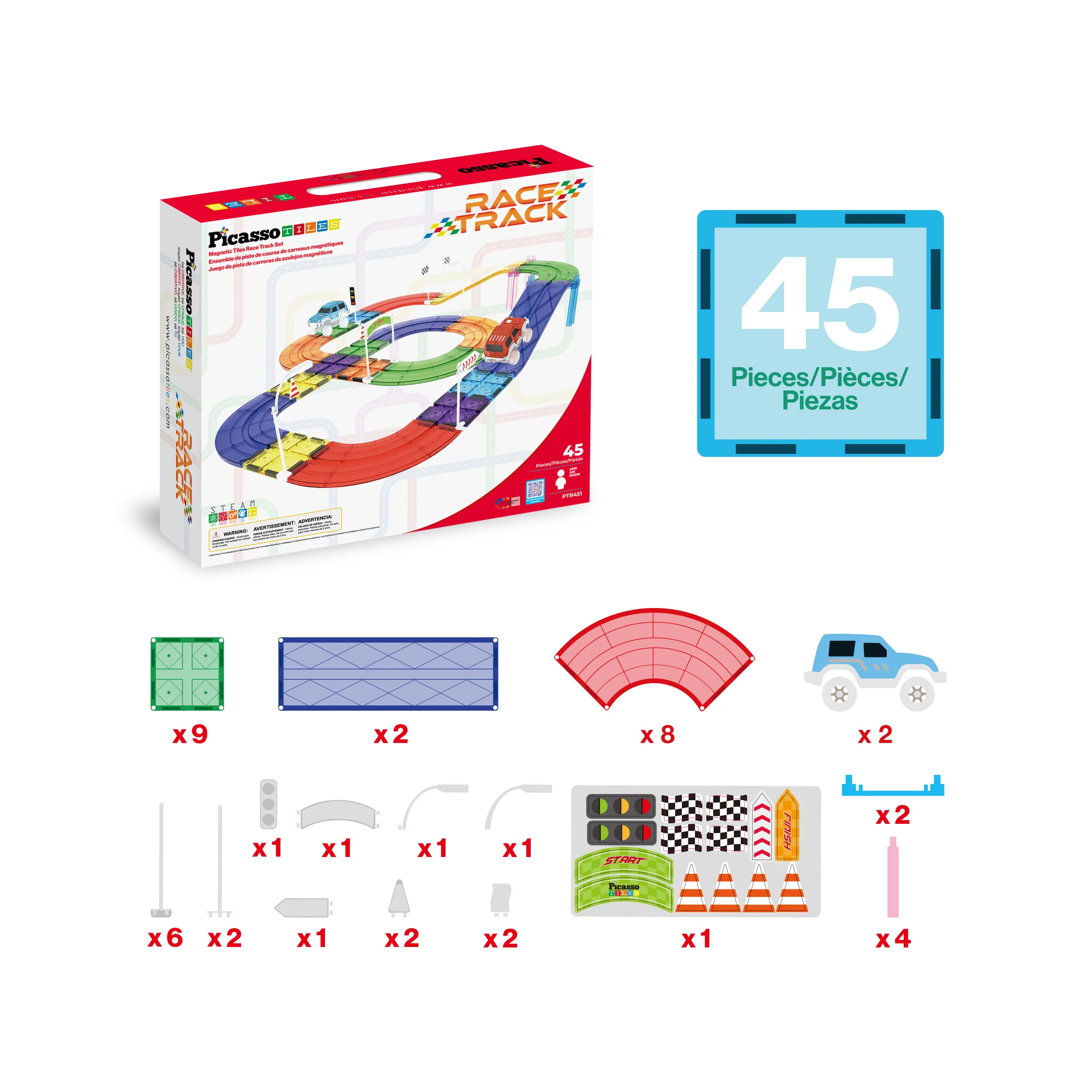 PicassoTiles Magnetic Tiles Race Track With 2 Racing Cars + Traffic Accessory Kit 45pc - Image 3