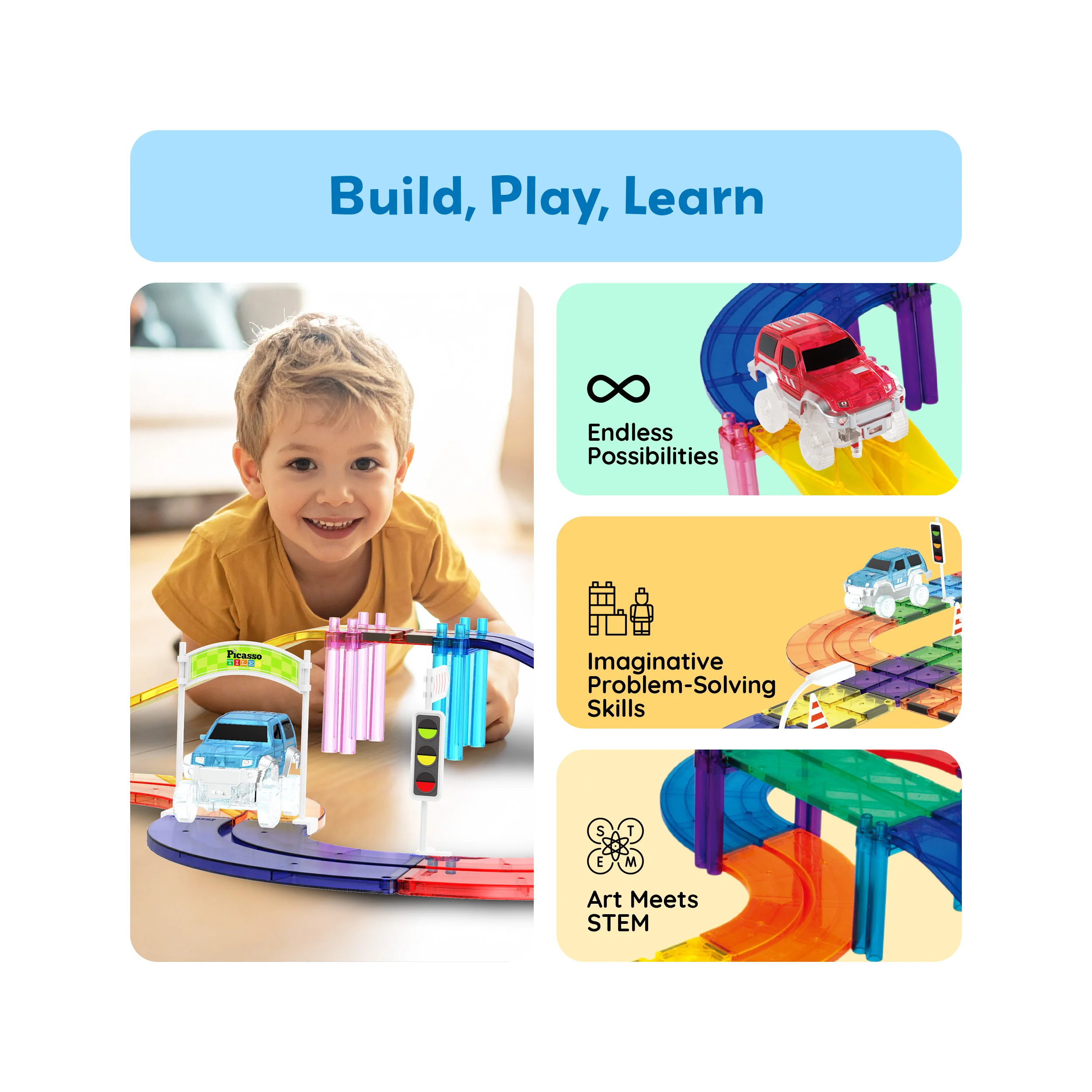PicassoTiles Magnetic Tiles Race Track With 2 Racing Cars + Traffic Accessory Kit 45pc - Image 4
