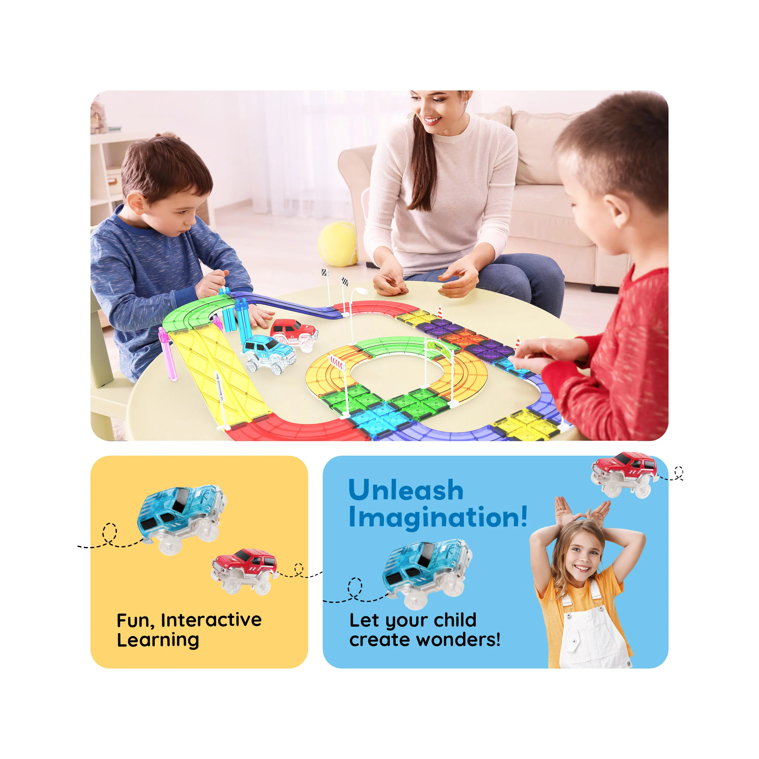 PicassoTiles Magnetic Tiles Race Track With 2 Racing Cars + Traffic Accessory Kit 45pc - Image 5
