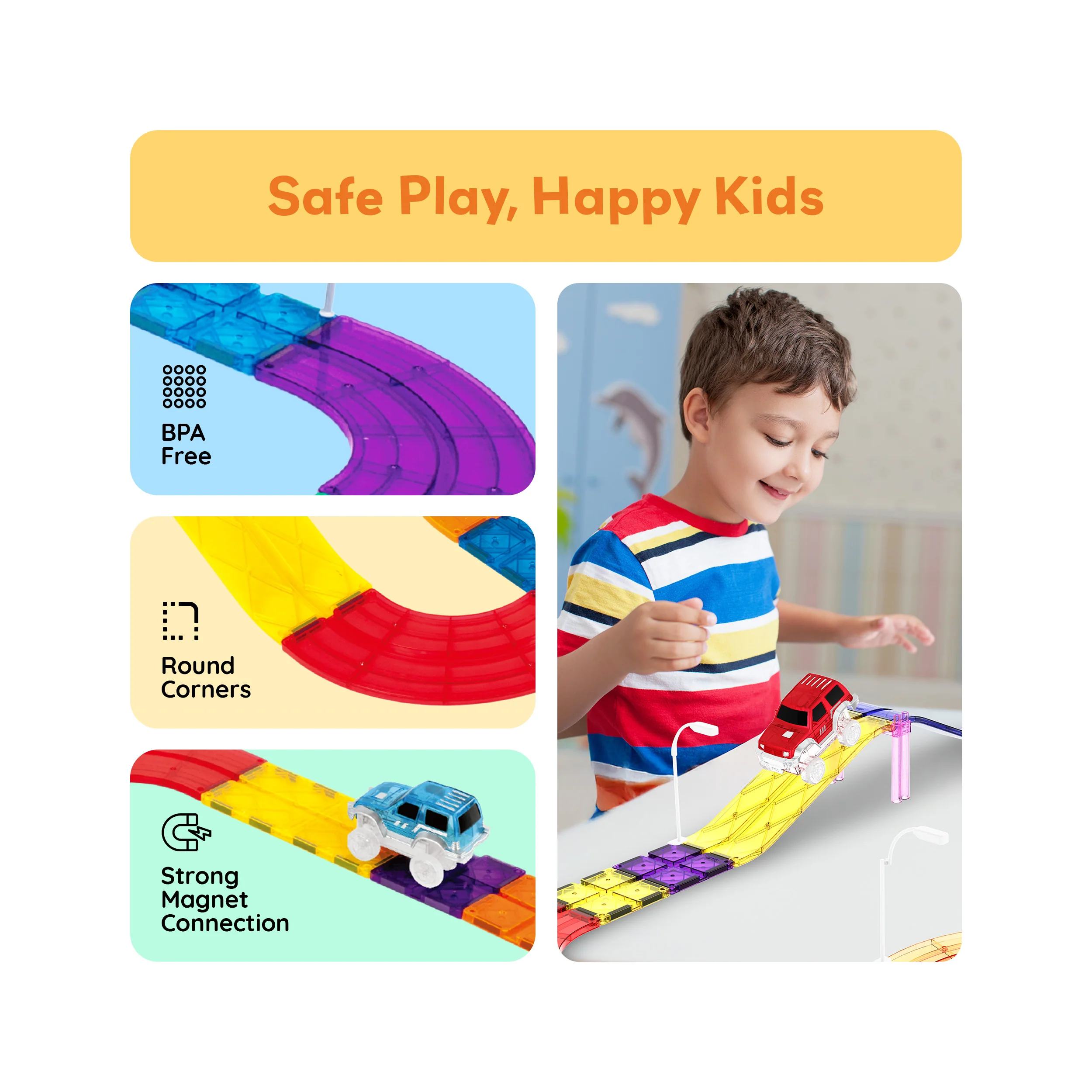 PicassoTiles Magnetic Tiles Race Track With 2 Racing Cars + Traffic Accessory Kit 45pc - Image 6