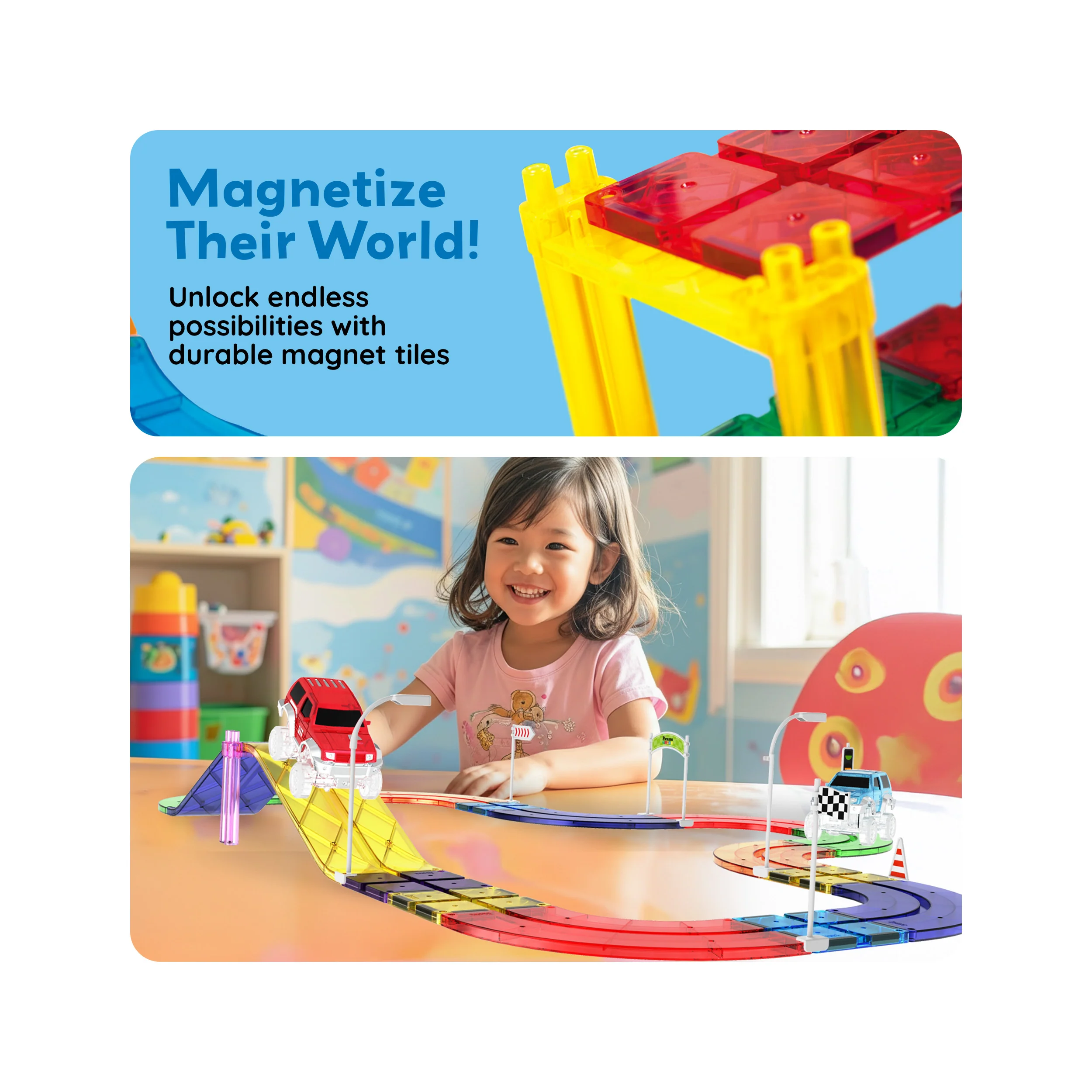 PicassoTiles Magnetic Tiles Race Track With 2 Racing Cars + Traffic Accessory Kit 45pc - Image 7