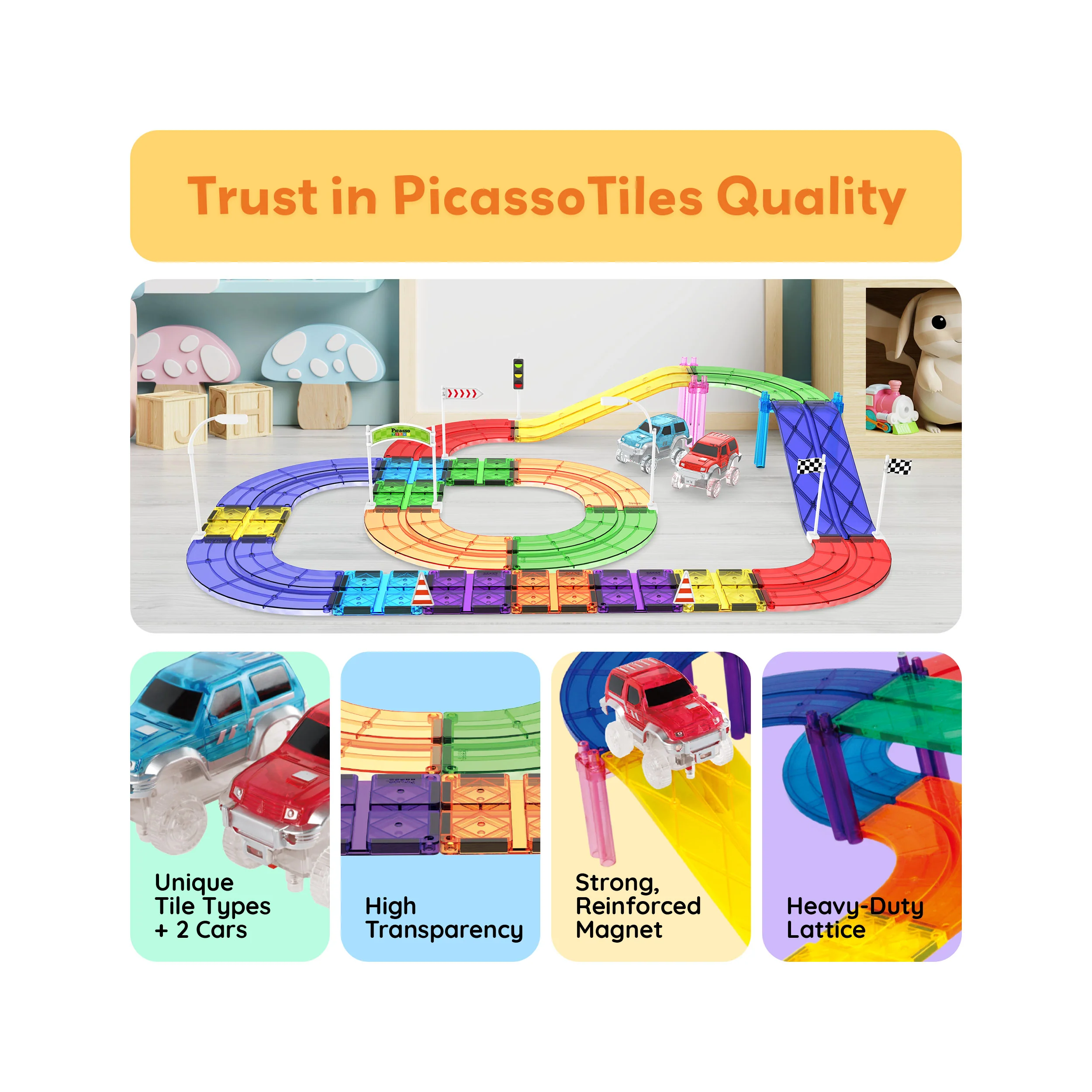 PicassoTiles Magnetic Tiles Race Track With 2 Racing Cars + Traffic Accessory Kit 45pc - Image 8