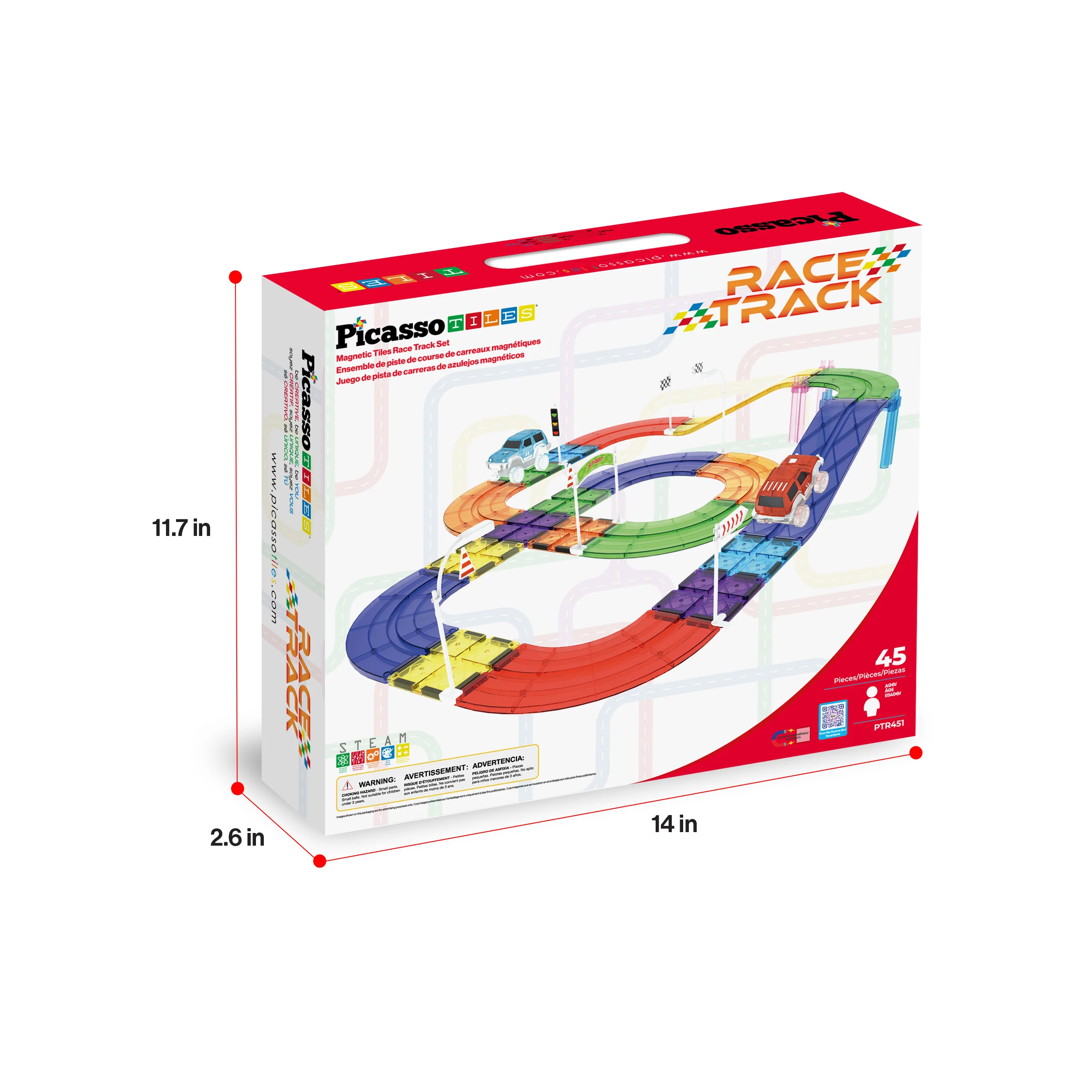 PicassoTiles Magnetic Tiles Race Track With 2 Racing Cars + Traffic Accessory Kit 45pc - Image 9