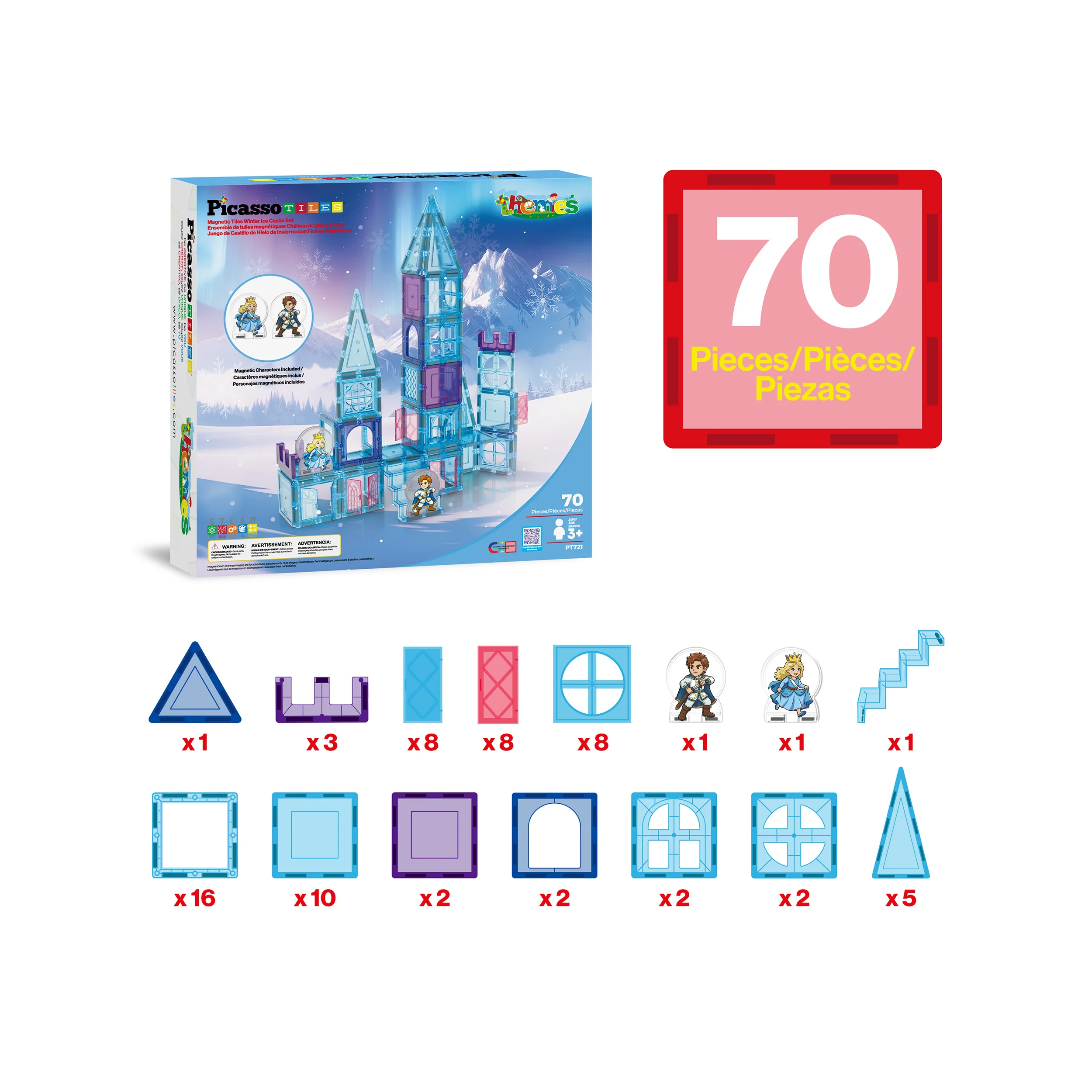 PicassoTiles Magnetic Tiles Winter Ice Castle Set with Characters 70pc - Image 3