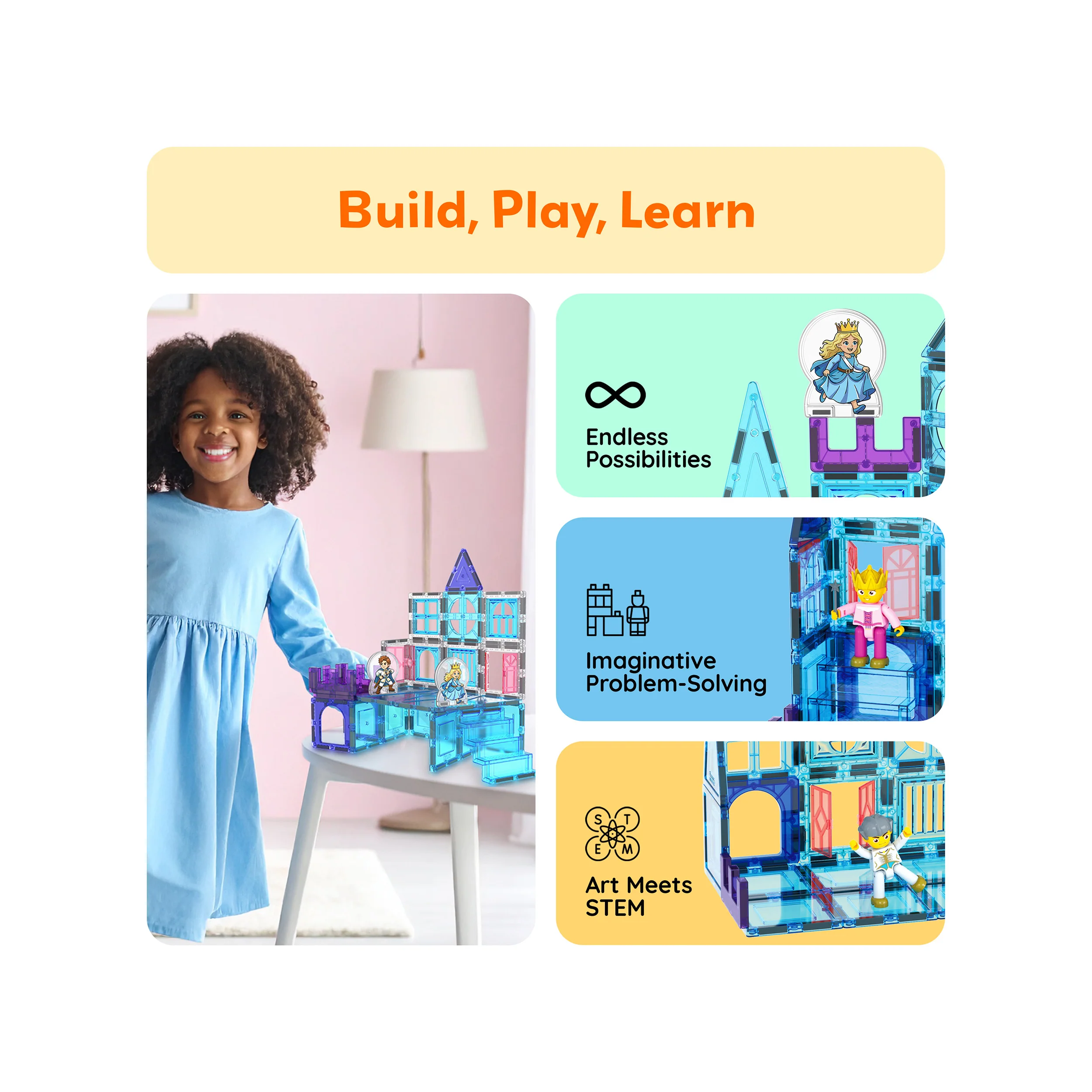 PicassoTiles Magnetic Tiles Winter Ice Castle Set with Characters 70pc - Image 4