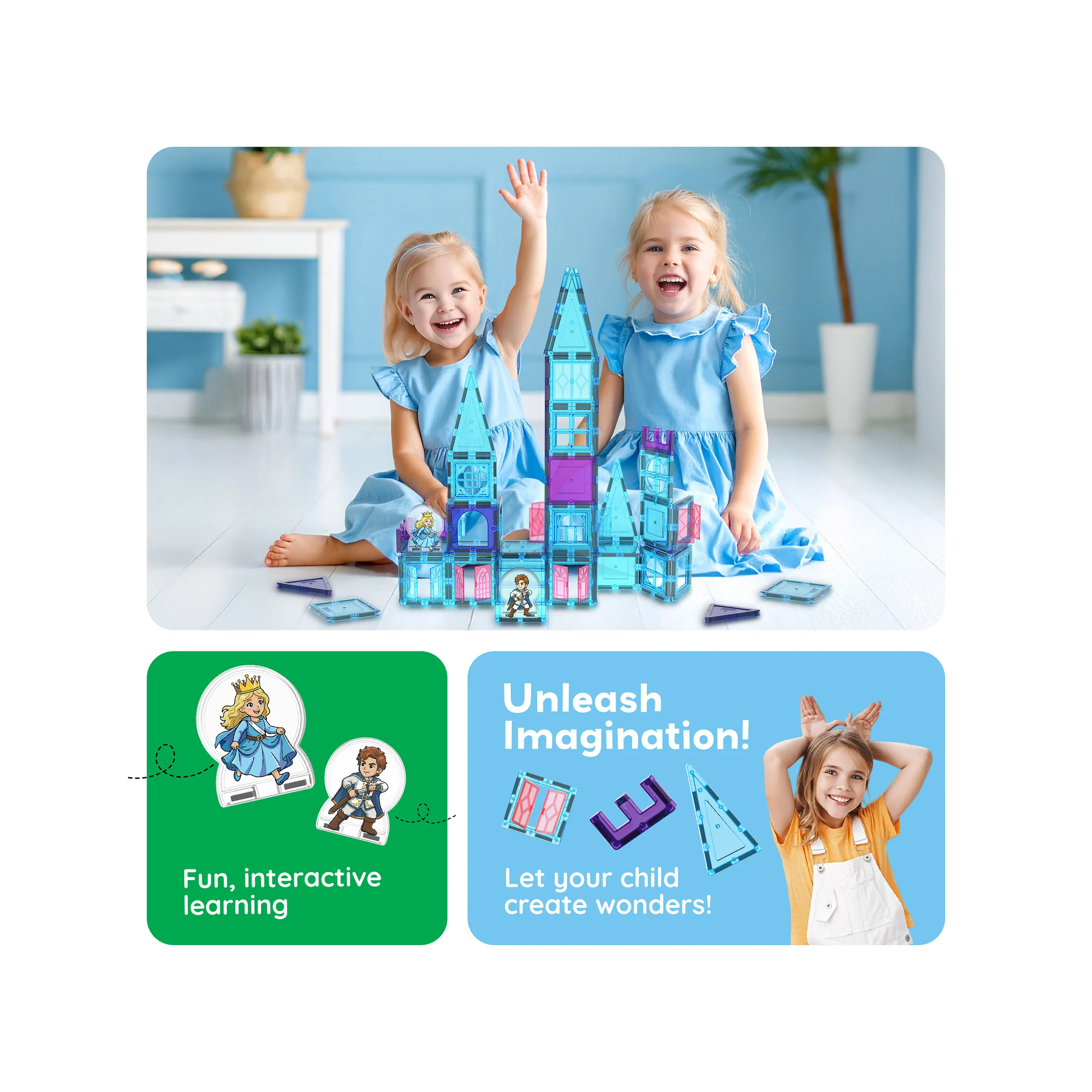 PicassoTiles Magnetic Tiles Winter Ice Castle Set with Characters 70pc - Image 5