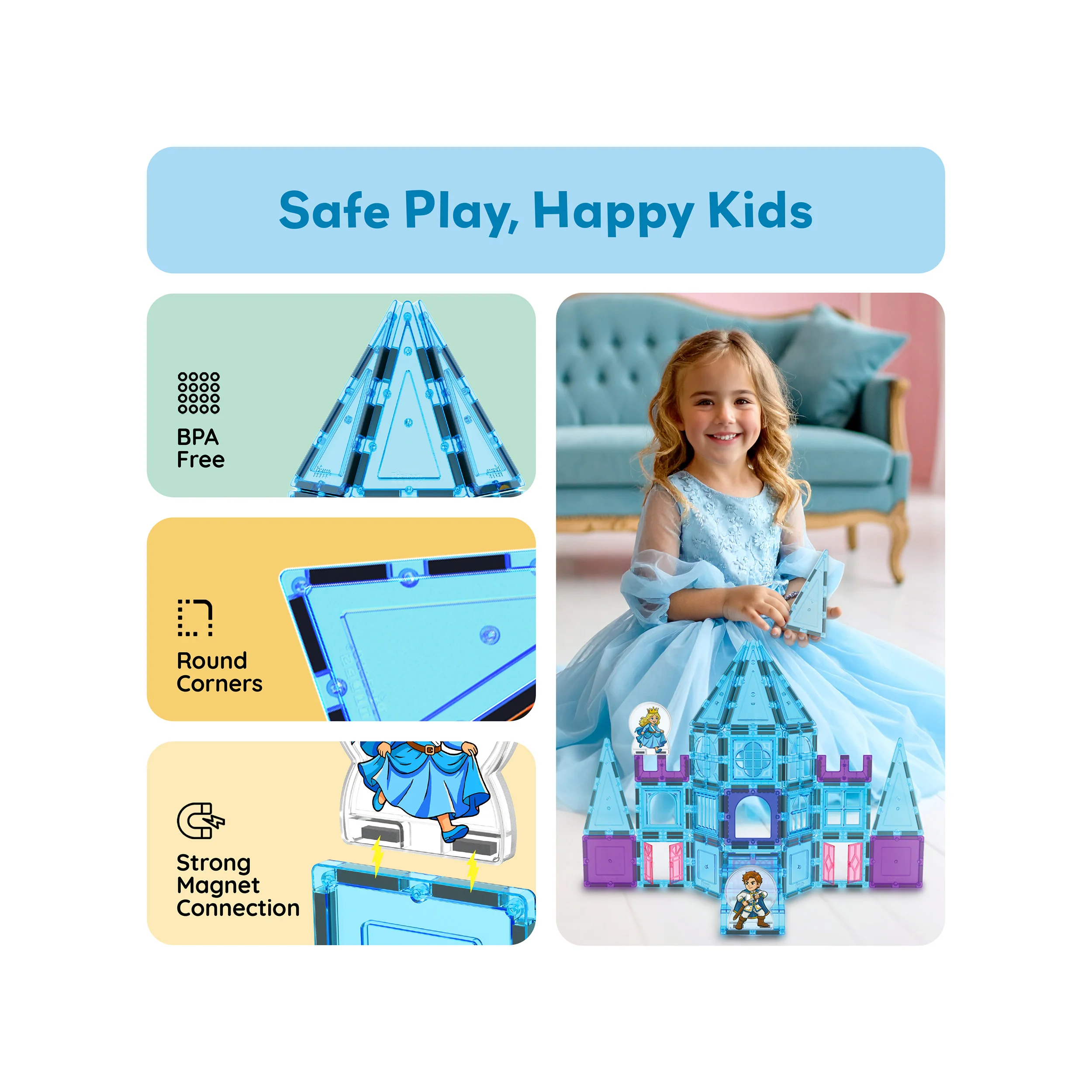 PicassoTiles Magnetic Tiles Winter Ice Castle Set with Characters 70pc - Image 6