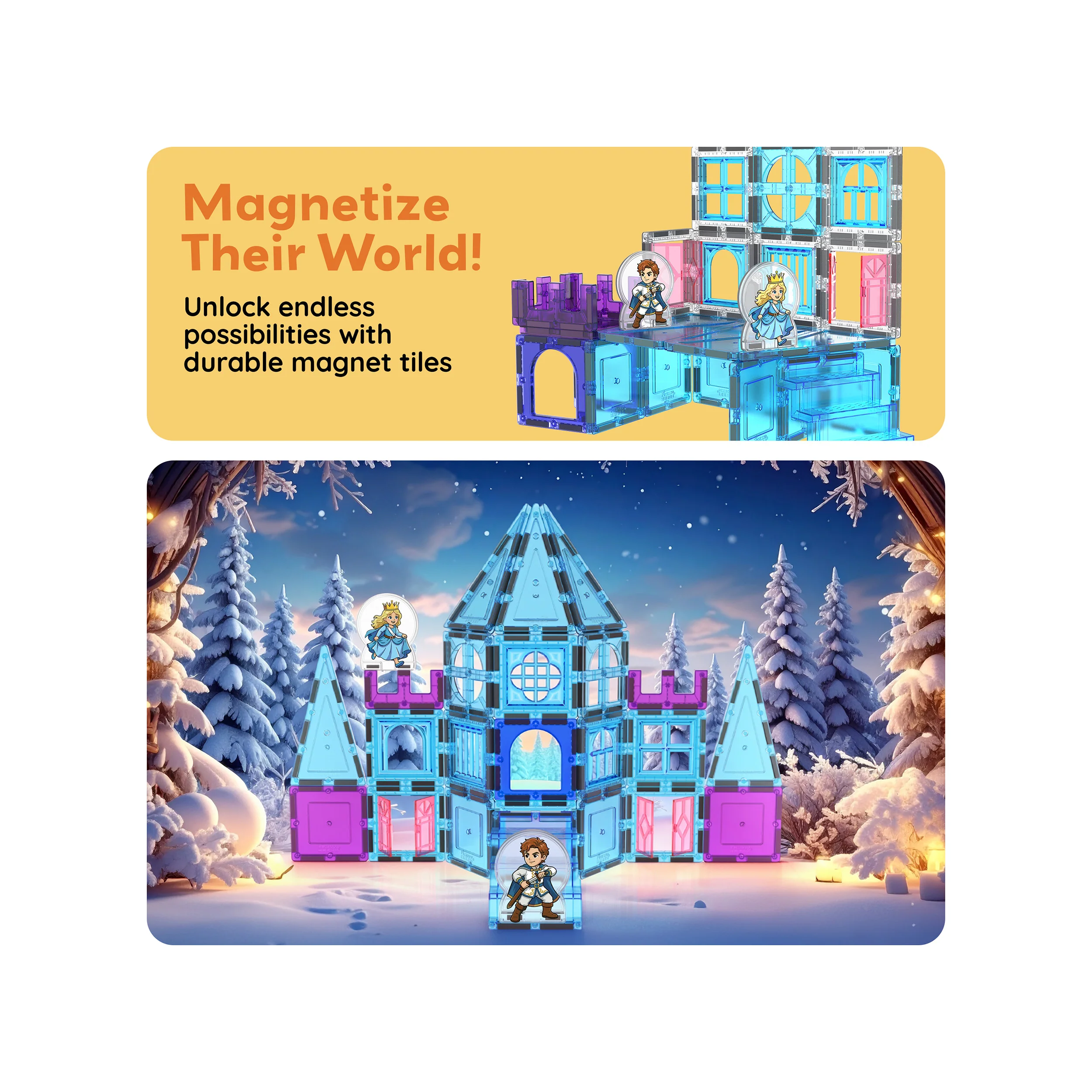PicassoTiles Magnetic Tiles Winter Ice Castle Set with Characters 70pc - Image 7