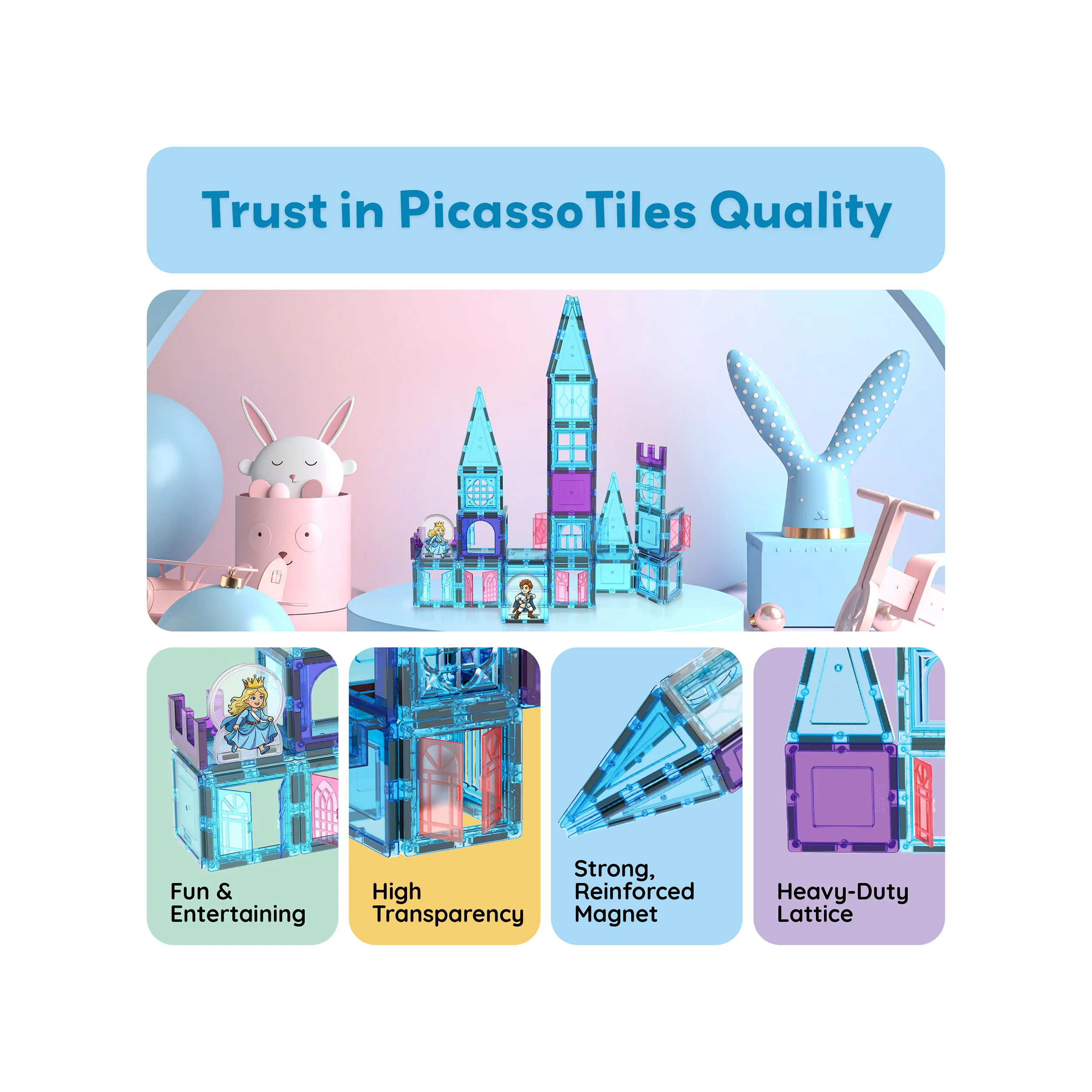 PicassoTiles Magnetic Tiles Winter Ice Castle Set with Characters 70pc - Image 8