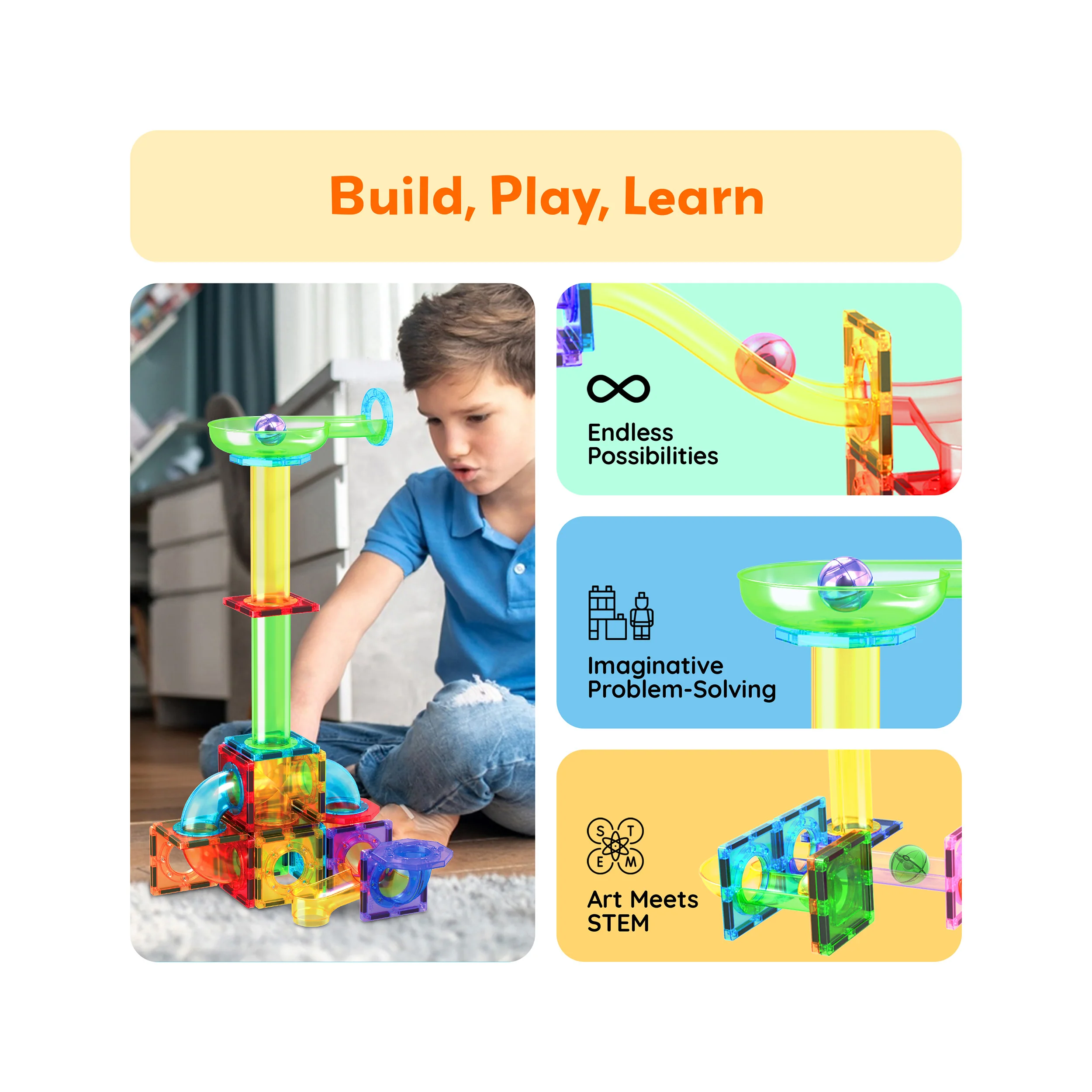 PicassoTiles 4pc Marbles for Racetrack Run Building Blocks - Image 4