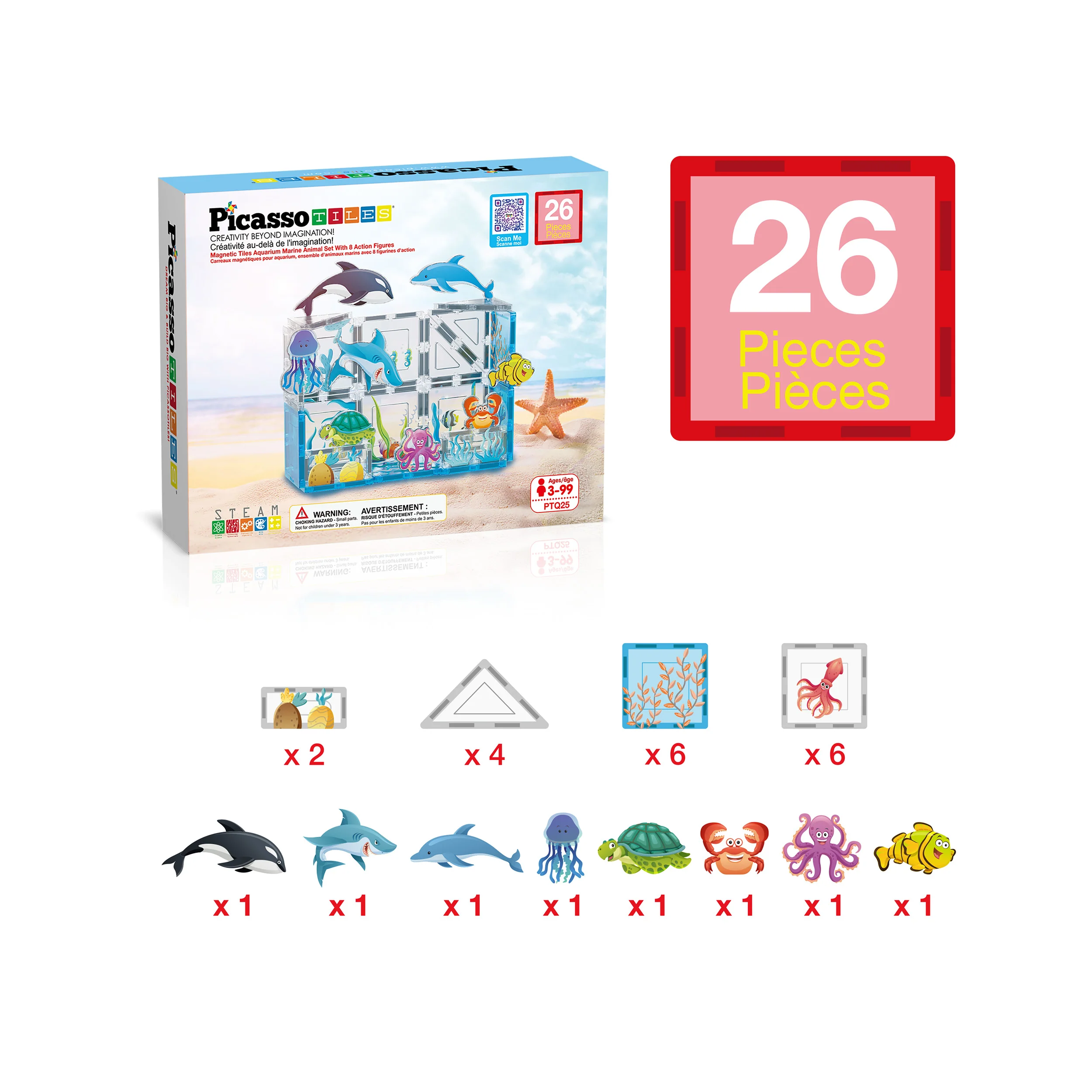 PicassoTiles 26 Piece Marine World Magnetic Toy with Ocean Characters - Image 3