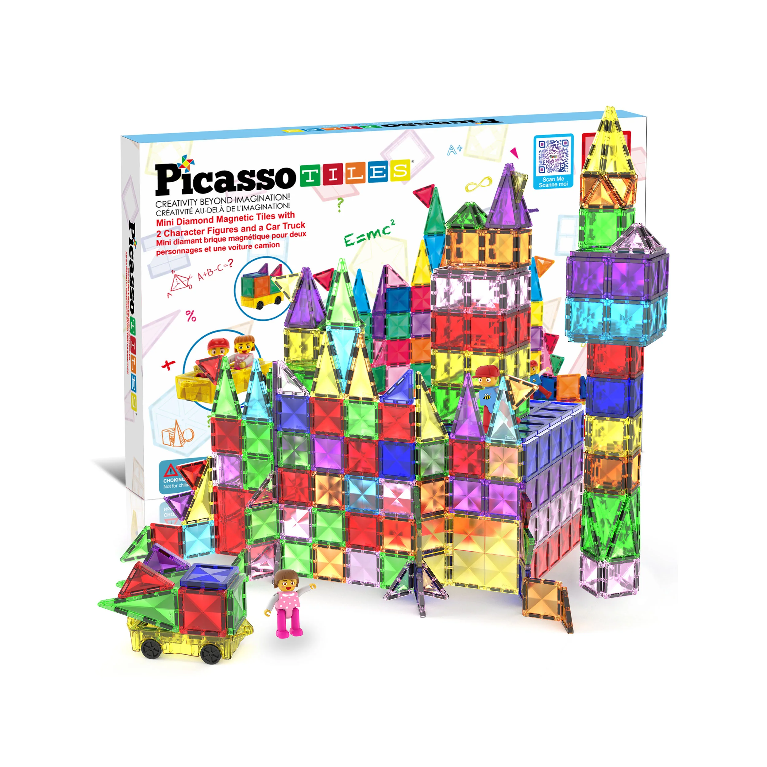PicassoTiles Mini Diamond Travel Size 120pc Magnet Tiles with Figures and Car Set