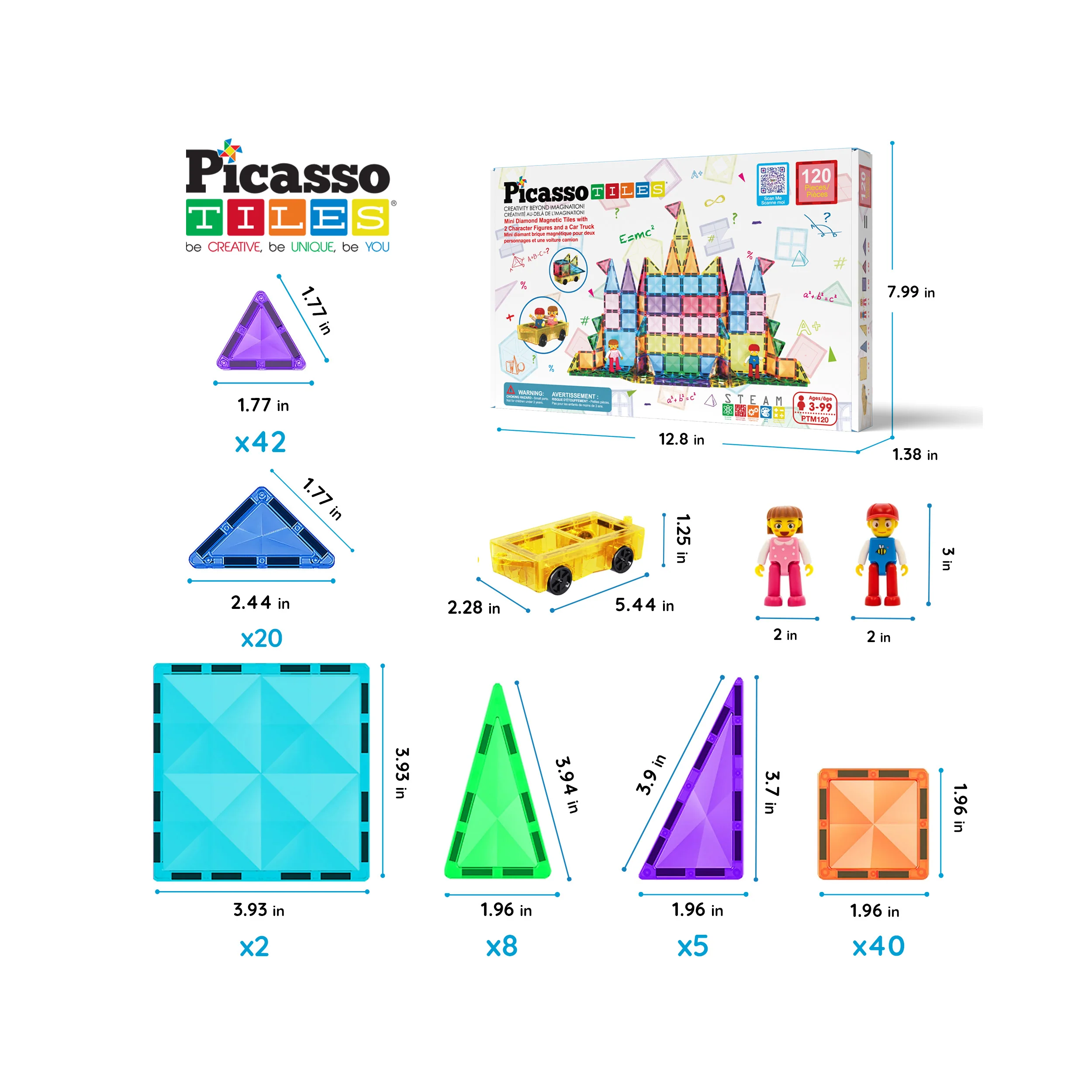 PicassoTiles Mini Diamond Travel Size 120pc Magnet Tiles with Figures and Car Set - Image 2