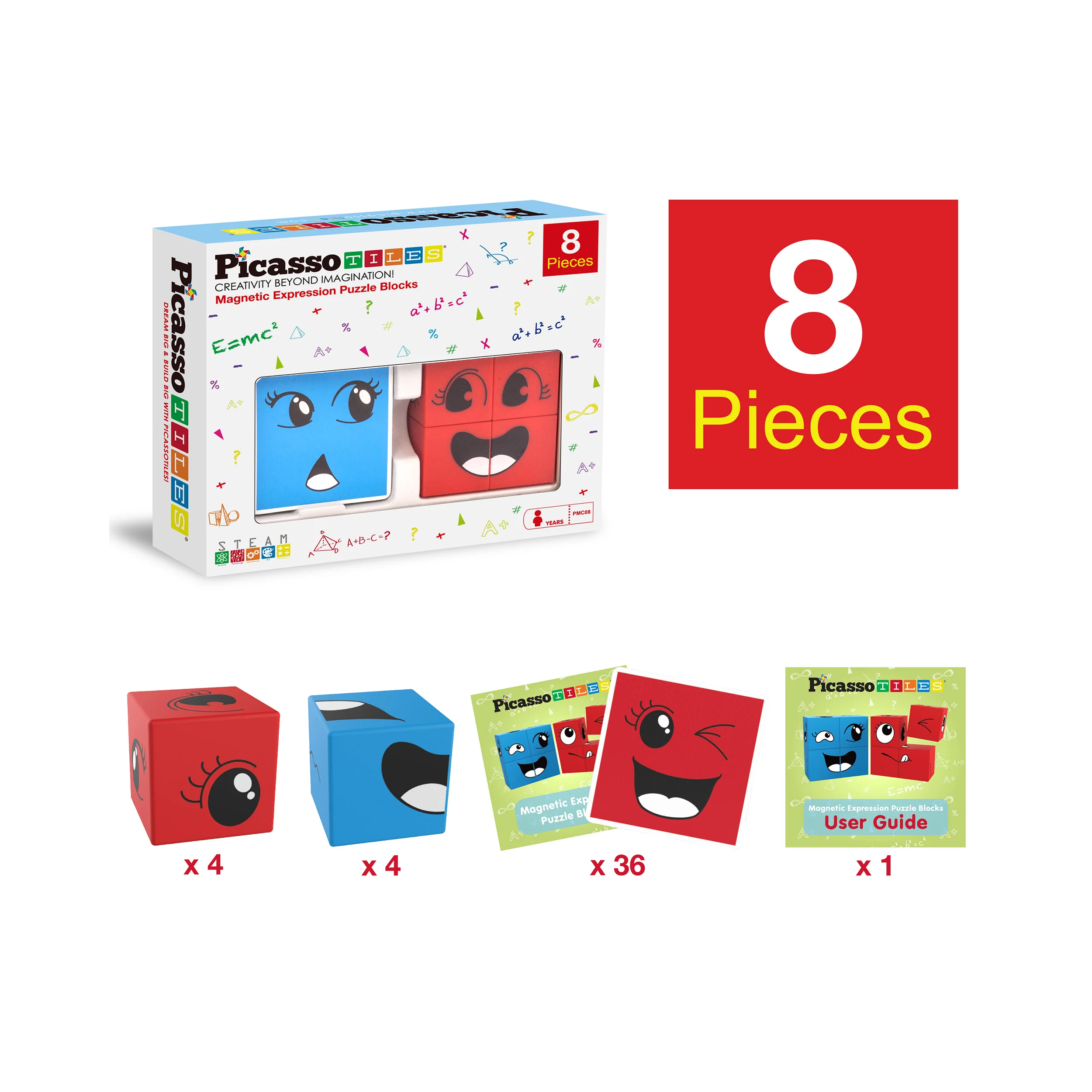 PicassoTiles Mix and Match 8 Piece Magnetic Emoticon Puzzle Cubes - Image 3