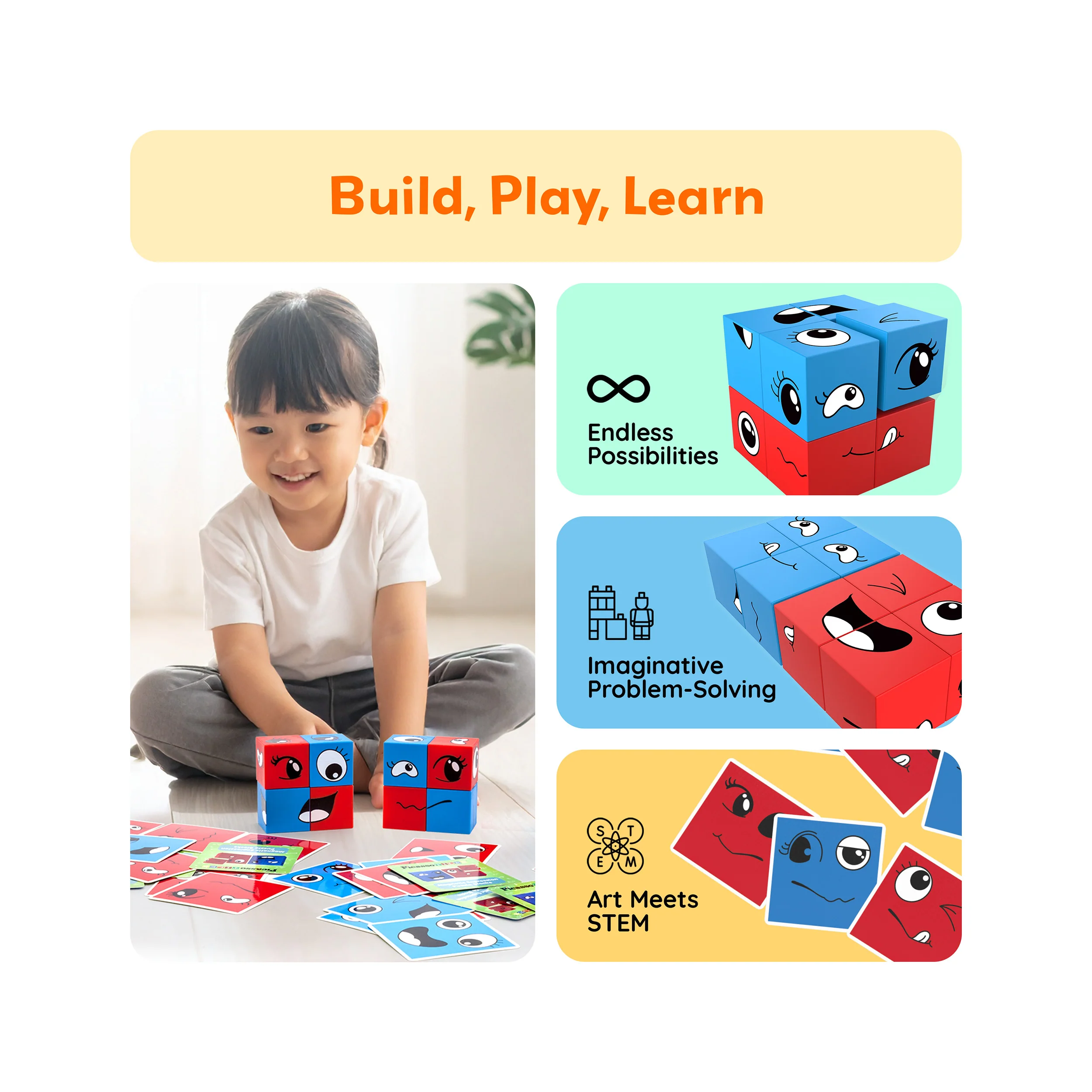 PicassoTiles Mix and Match 8 Piece Magnetic Emoticon Puzzle Cubes - Image 4