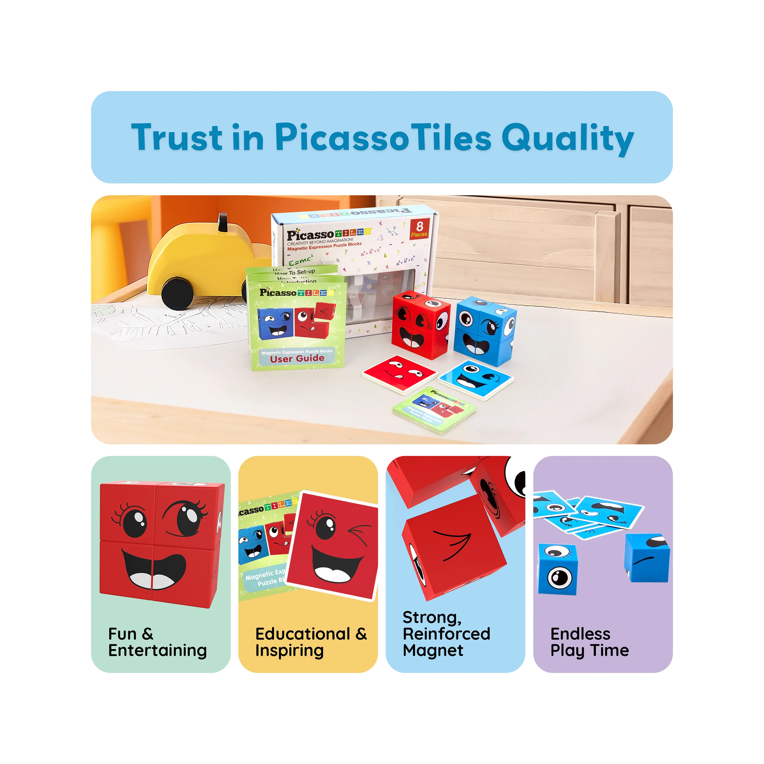 PicassoTiles Mix and Match 8 Piece Magnetic Emoticon Puzzle Cubes - Image 8