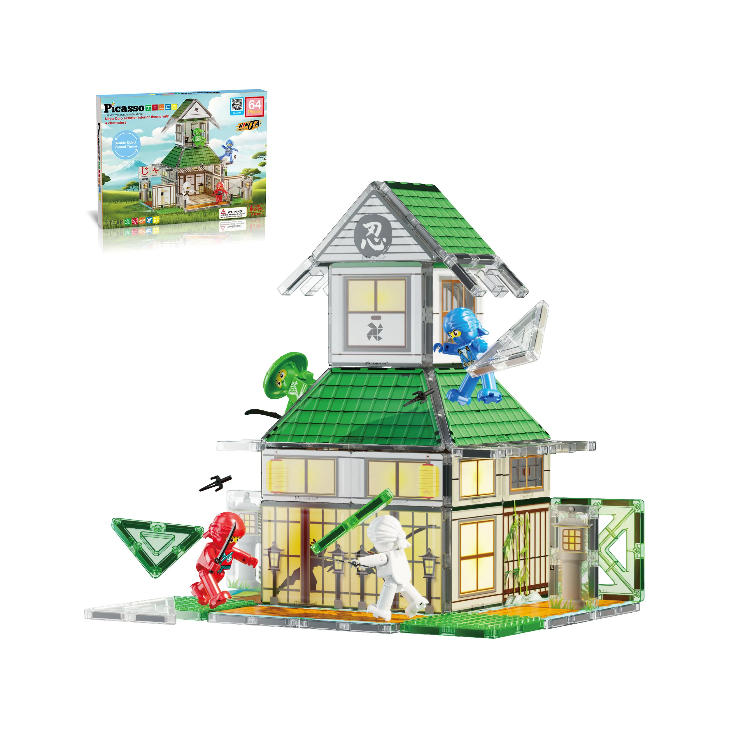 PicassoTiles 64pc Magnetic Tile Ninja Dojo House Martial Arts Playset