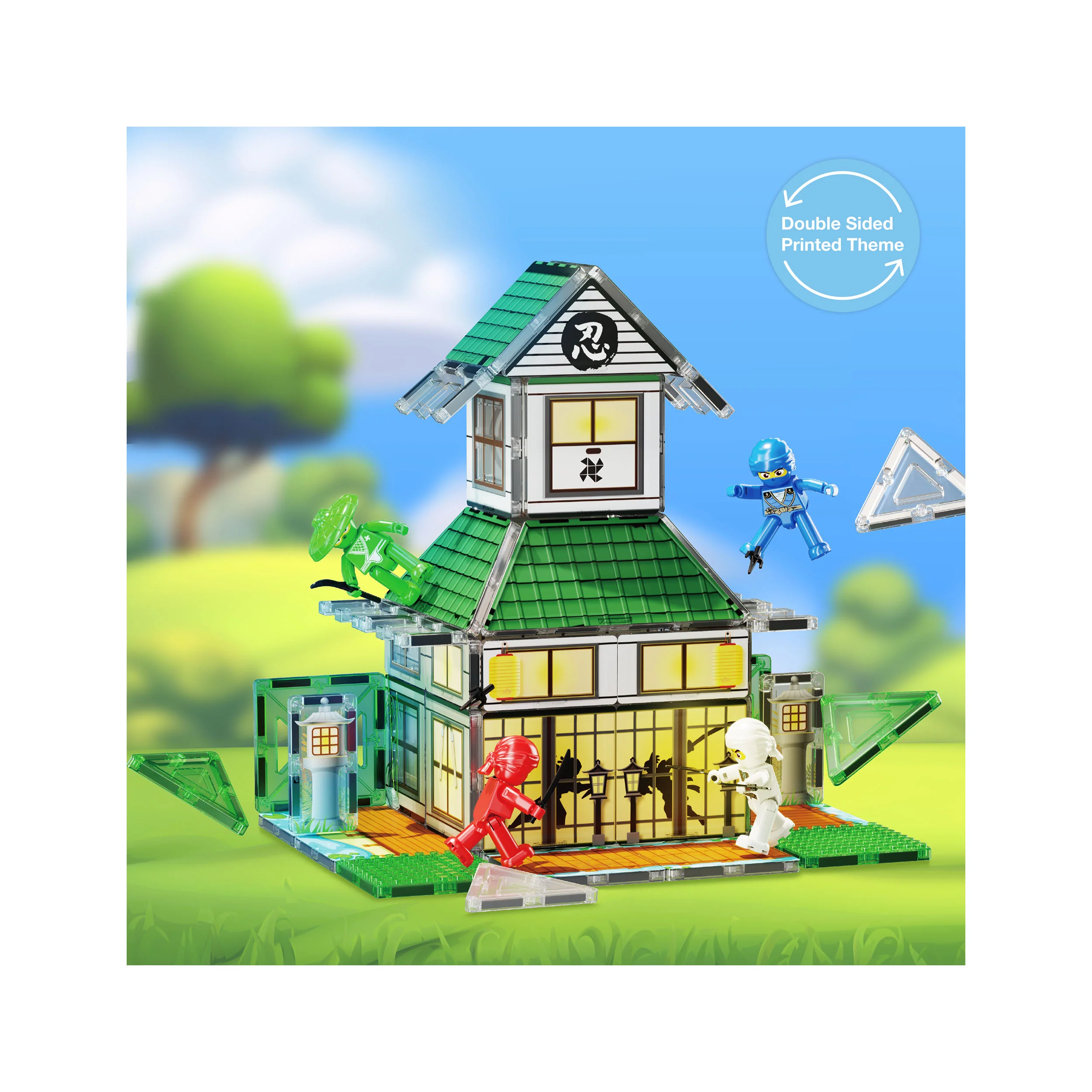 PicassoTiles 64pc Magnetic Tile Ninja Dojo House Martial Arts Playset - Image 3