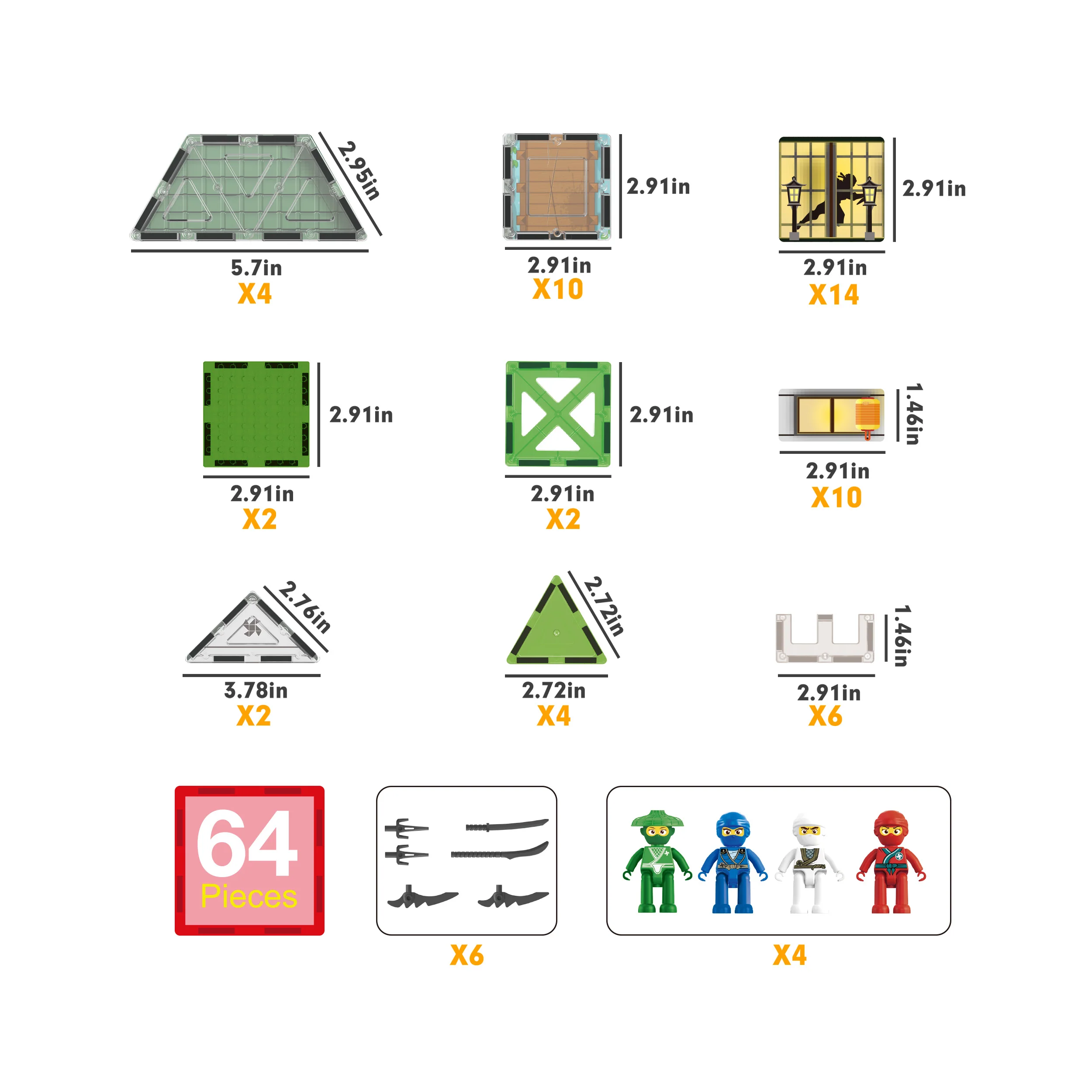 PicassoTiles 64pc Magnetic Tile Ninja Dojo House Martial Arts Playset - Image 4