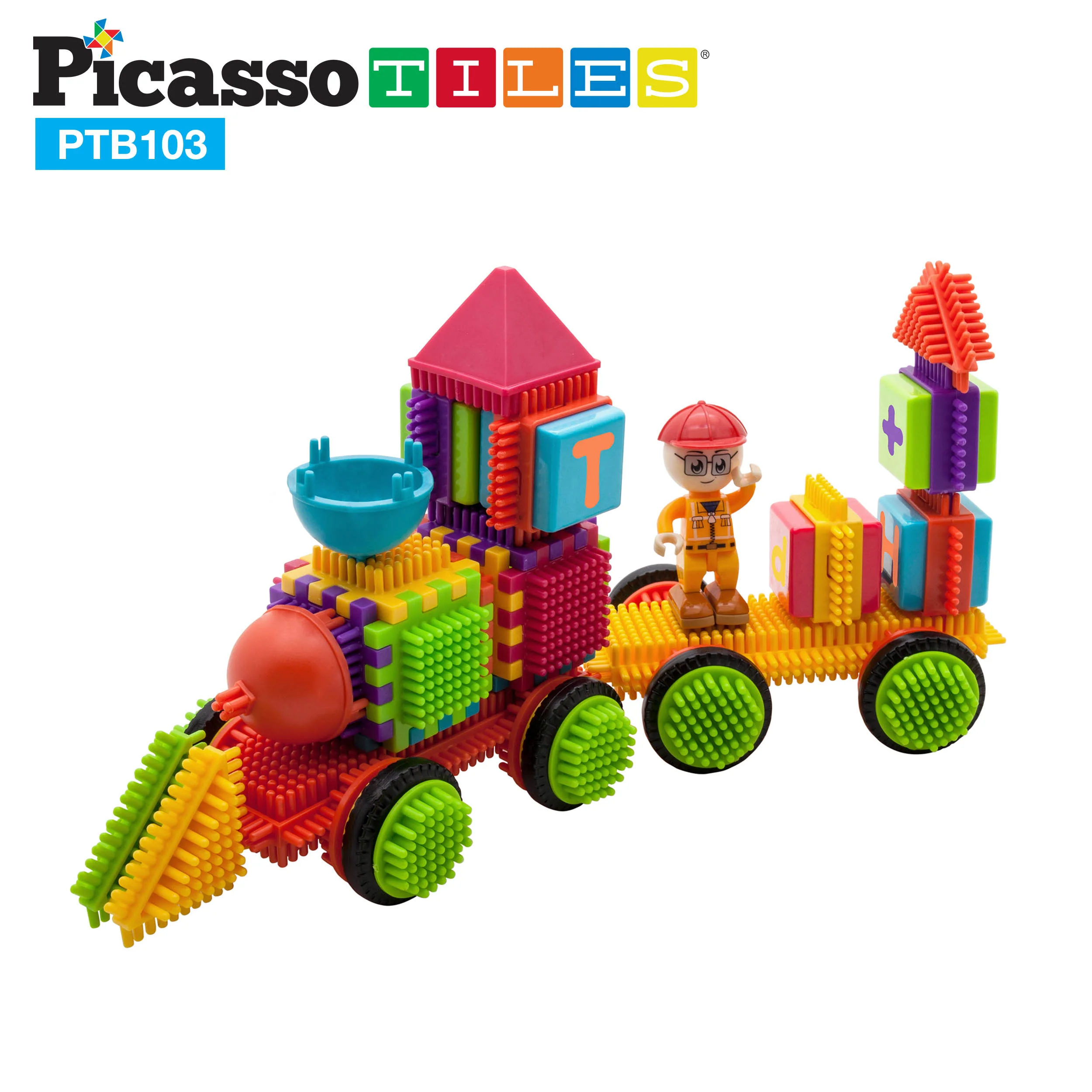 PicassoTiles 103pc Train Theme Hedgehog Building Blocks Set - Image 4