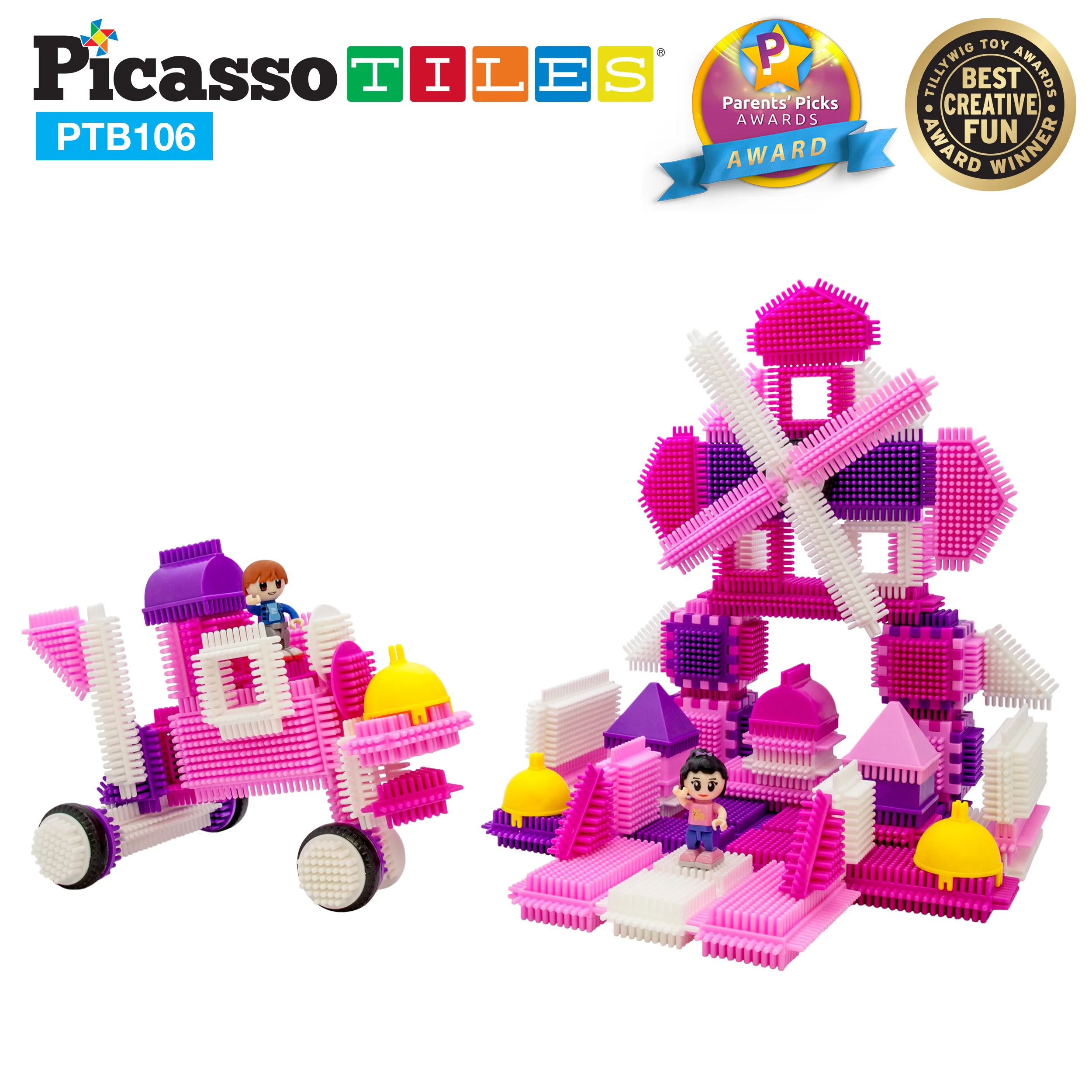 PicassoTiles 106pc Pink Castle Hedgehog Building Blocks Basic Building Set - Image 3
