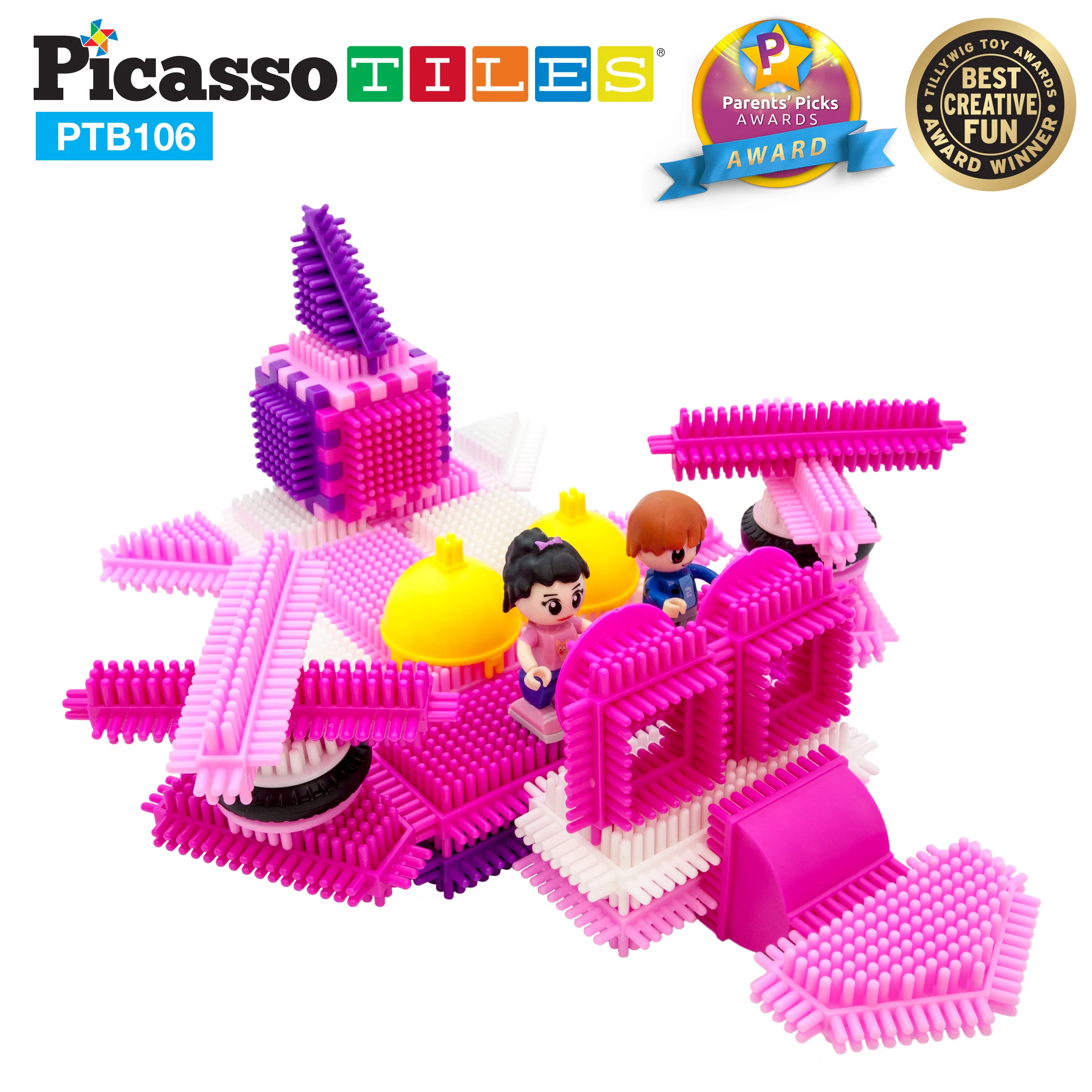 PicassoTiles 106pc Pink Castle Hedgehog Building Blocks Basic Building Set - Image 4